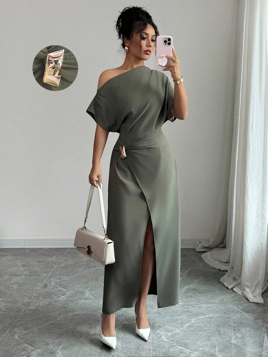 Off-shoulder Slit Commuting Maxi Dresses - Image 5