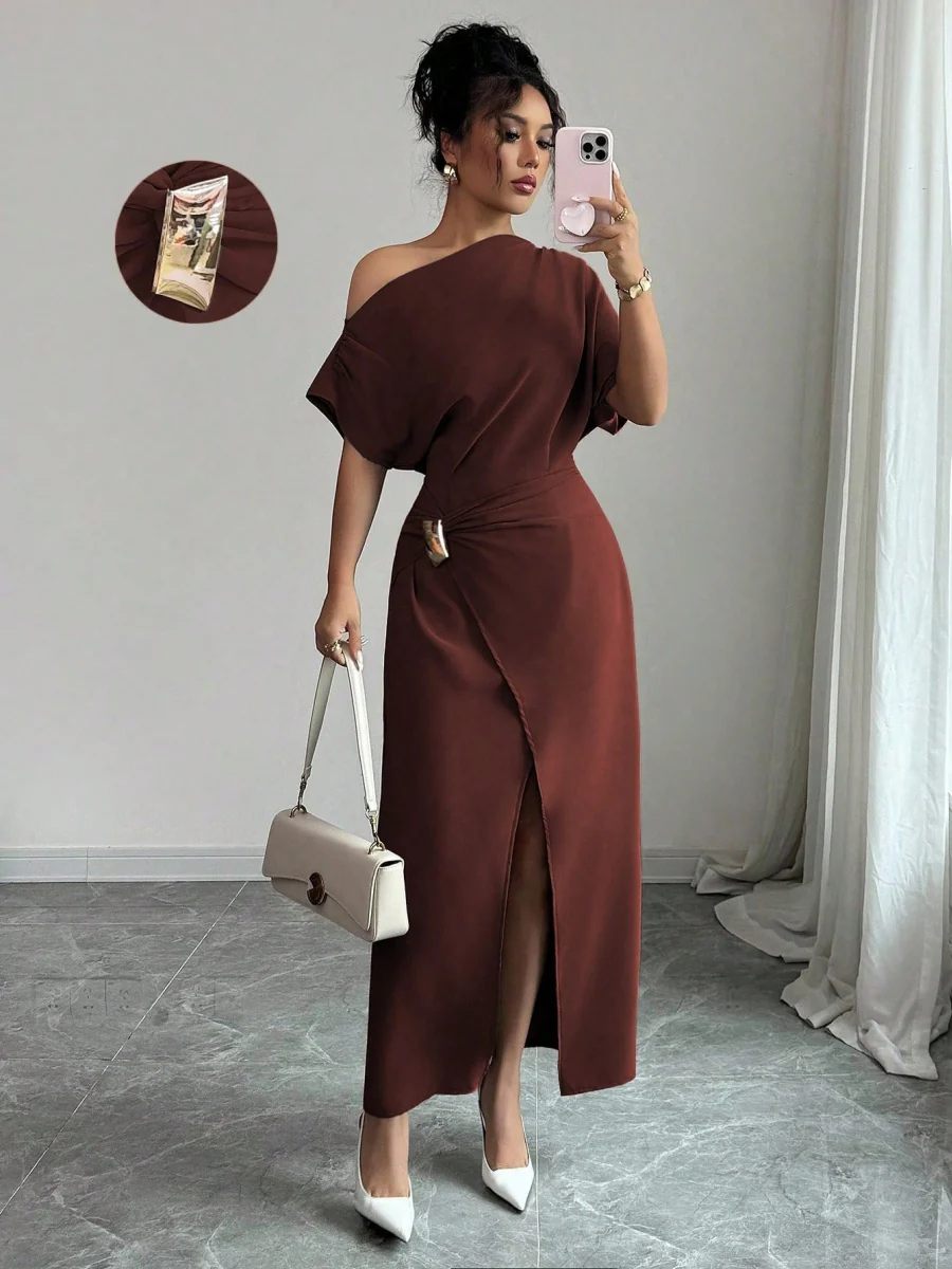 Off-shoulder Slit Commuting Maxi Dresses - Image 6