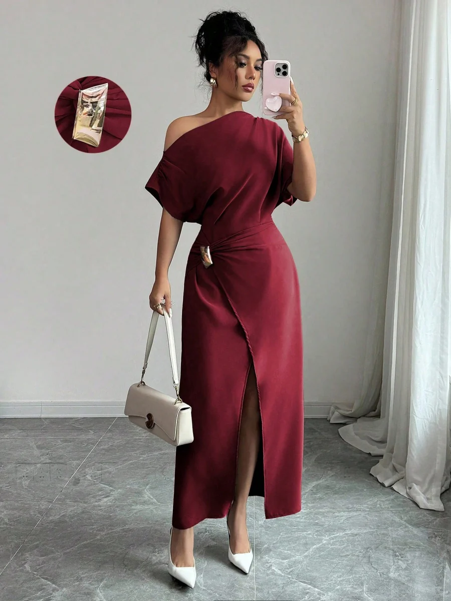 Off-shoulder Slit Commuting Maxi Dresses - Image 8