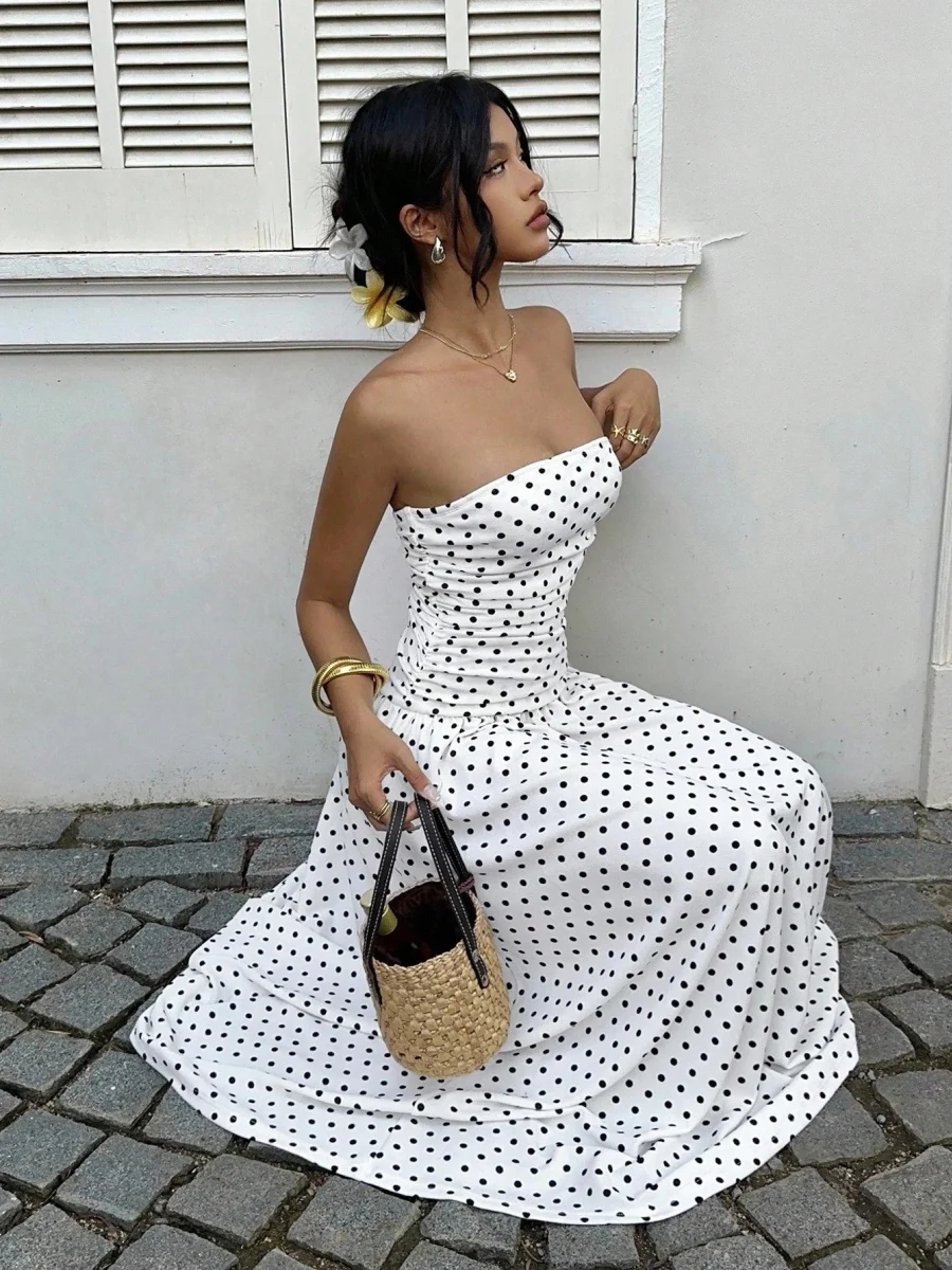 Off-shoulder Polka Dots A Grace Maxi Dresses - Image 5