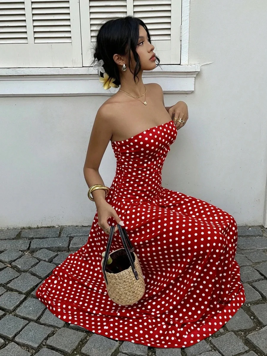 Off-shoulder Polka Dots A Grace Maxi Dresses - Image 9