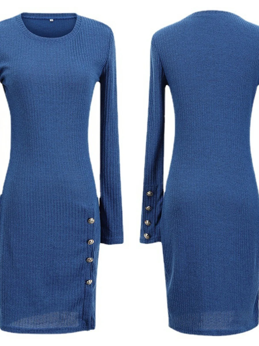 Buttons Bodycon Dress Long Sleeve Mini&Short Dresses - Image 4