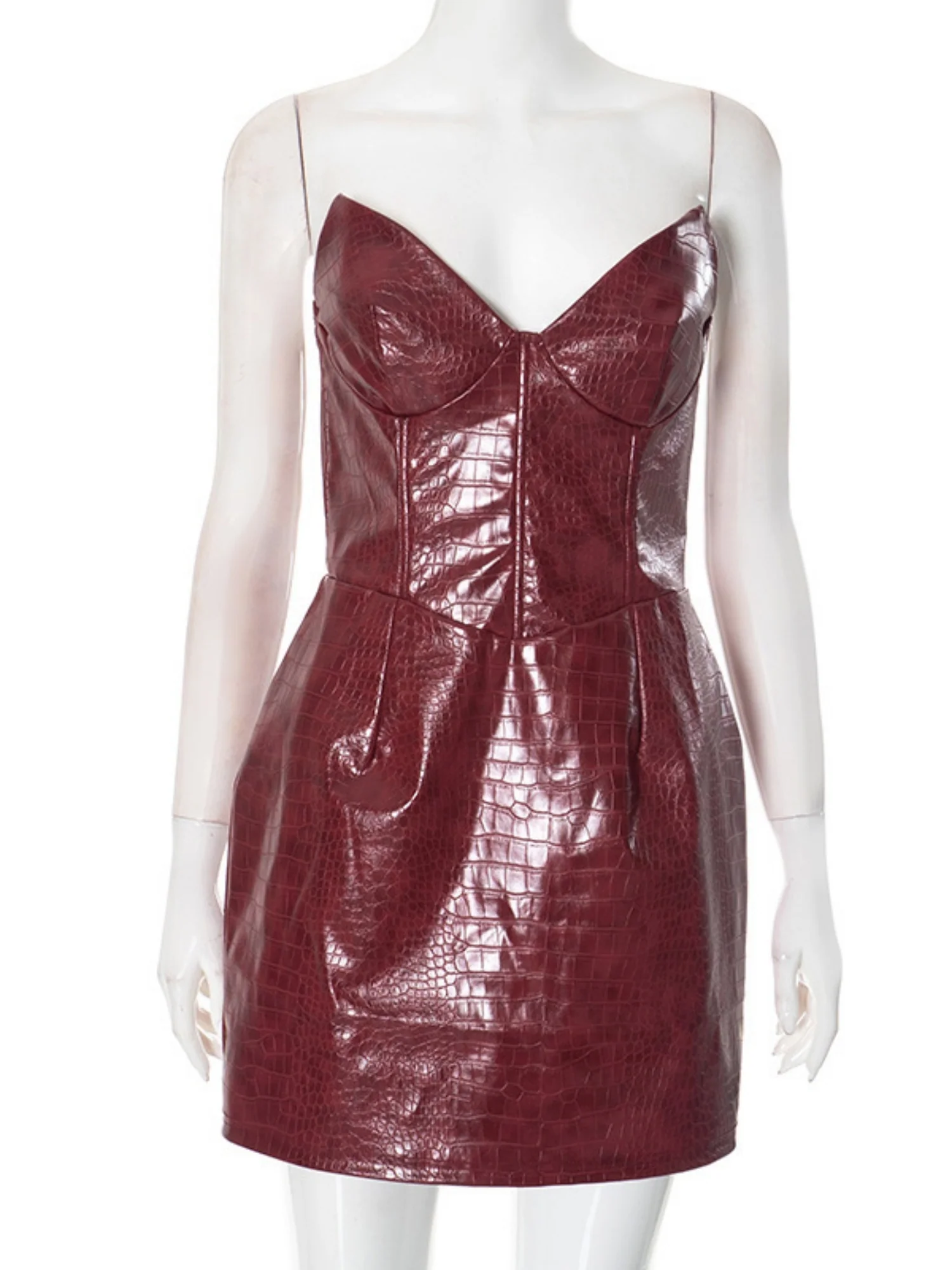 PU Leather Crocodile-patterned Leather Strapless Bra Mini&Short Dresses - Image 6