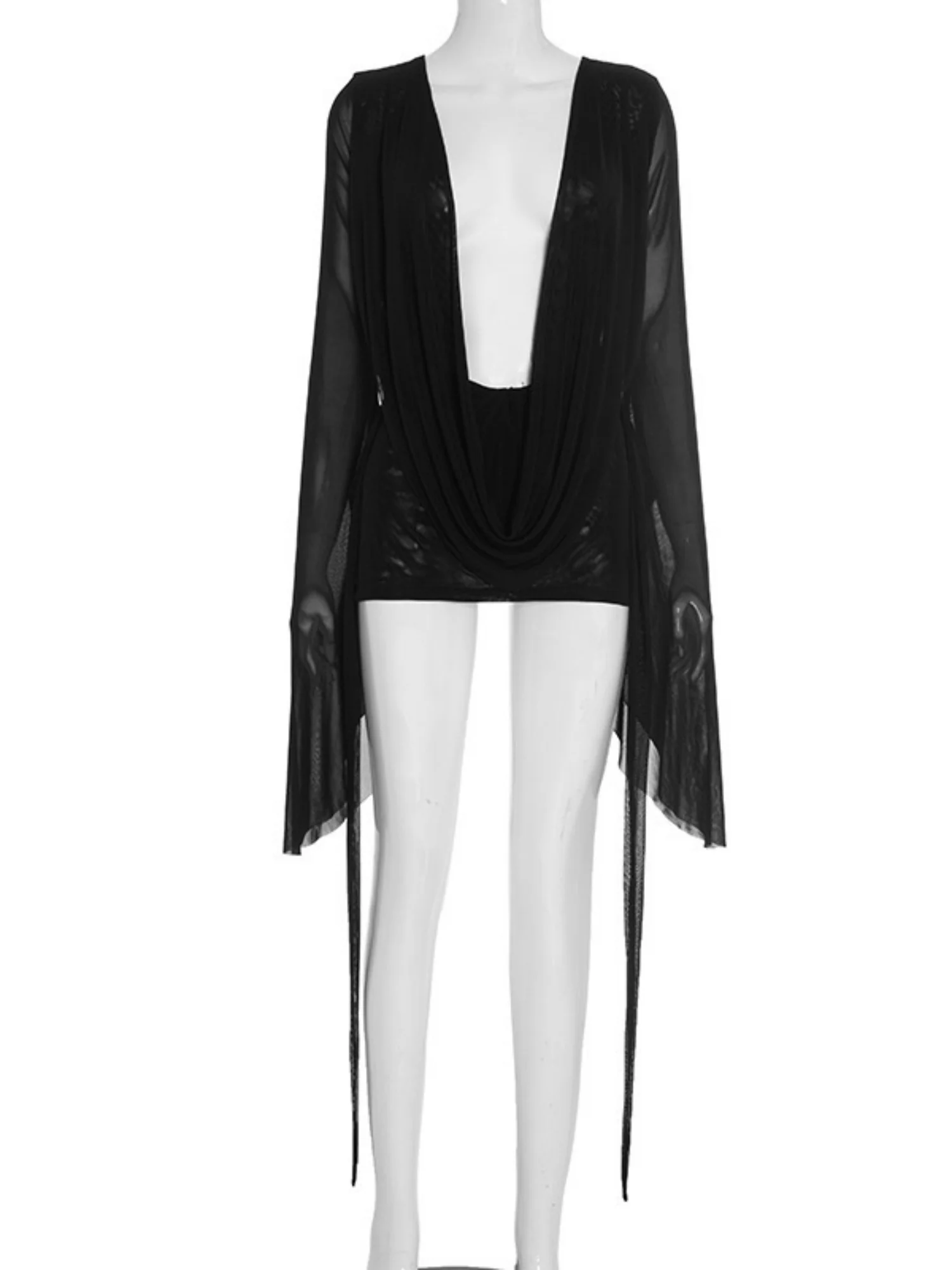 Mesh Dangling Long Sleeves Exposed Backpack Buttocks Mini&Short Dresses - Image 9