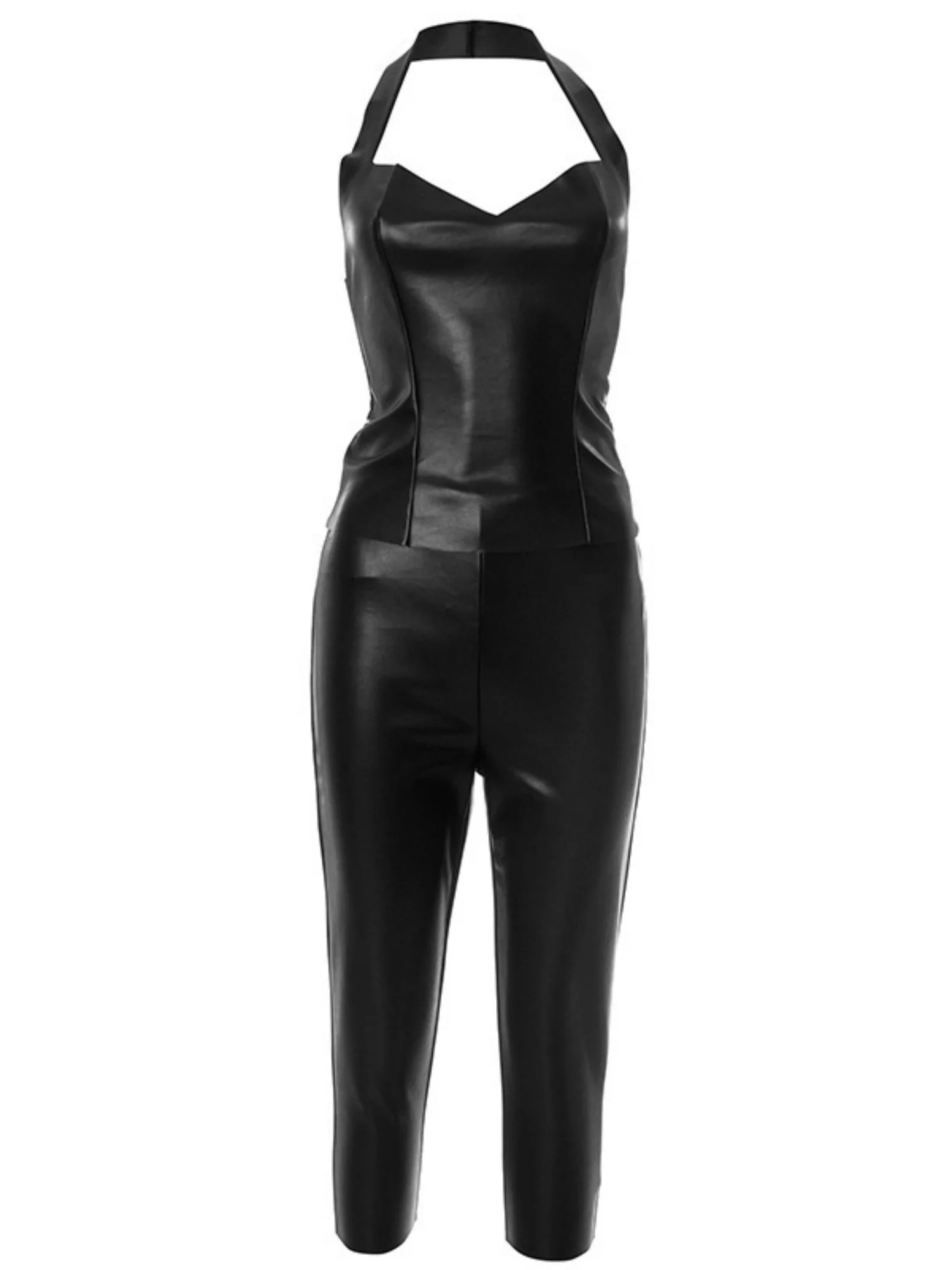 Imitation Leather Halter Neck And Backless Skinny Capri Pants 2-piece Sets - Image 7