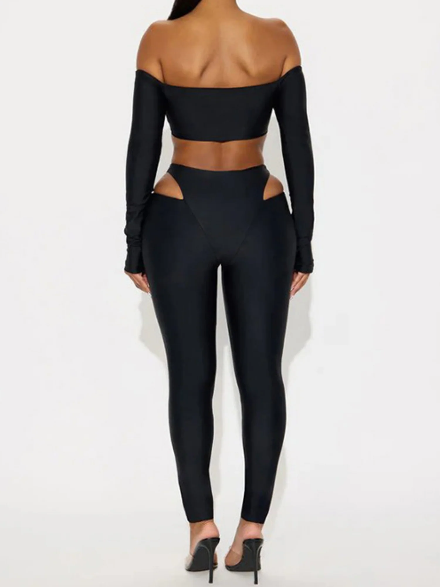 Hollow Out Off-shoulder Long-sleeved Short Top Tight Pants 2-piece Sets - Image 2