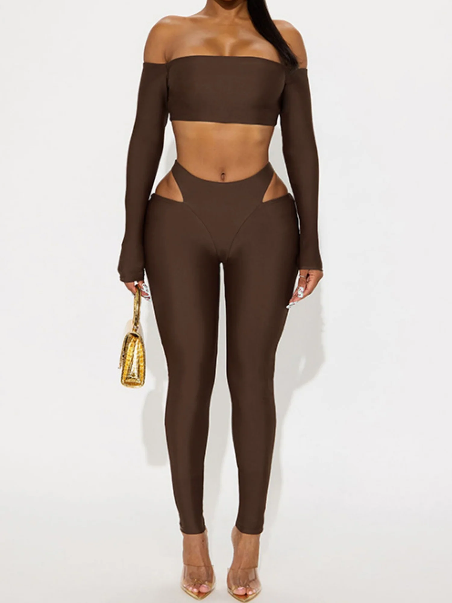 Hollow Out Off-shoulder Long-sleeved Short Top Tight Pants 2-piece Sets - Image 4