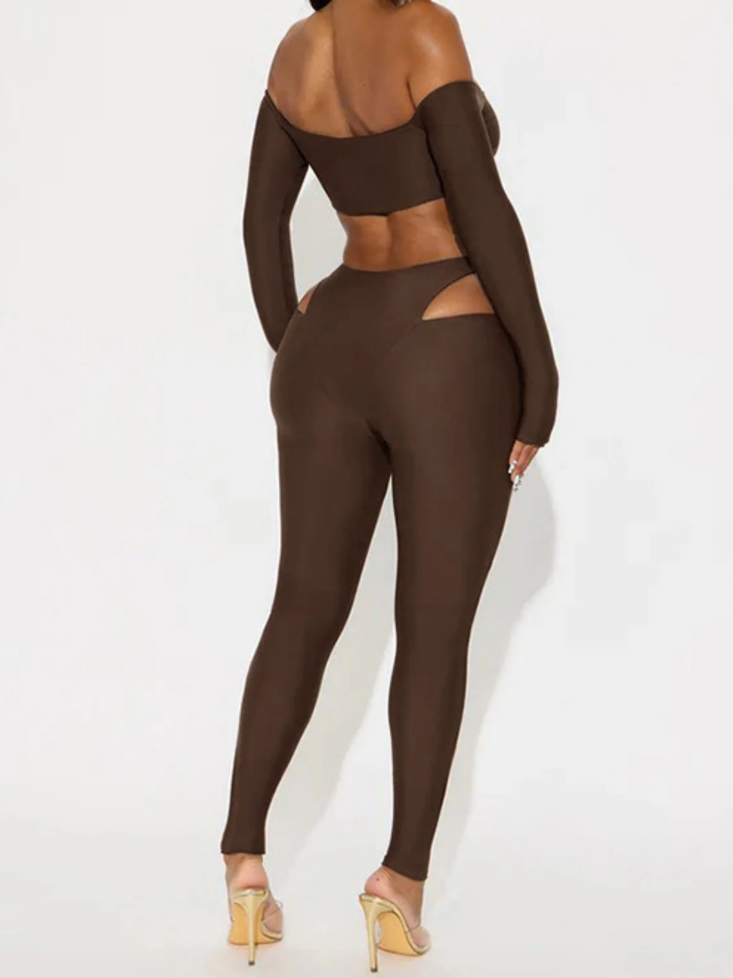 Hollow Out Off-shoulder Long-sleeved Short Top Tight Pants 2-piece Sets - Image 5