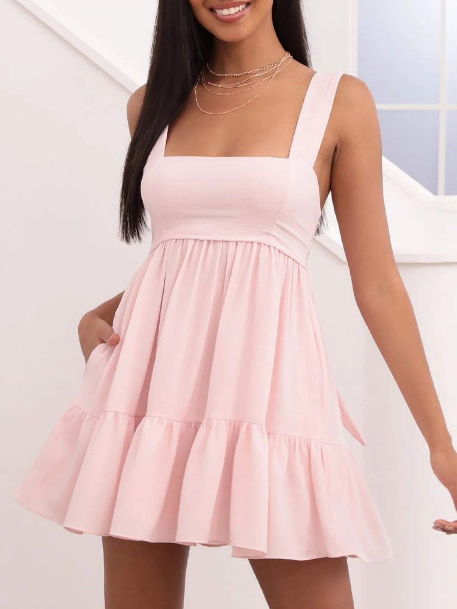 Square Collar Splicing Camisoles Sweet Mini&Short Dresses