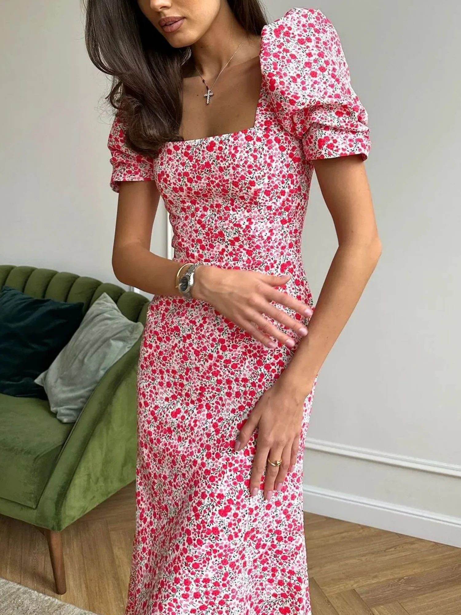 Floral Print Square Neckline And Puff Sleeves Maxi Dresses - Image 2