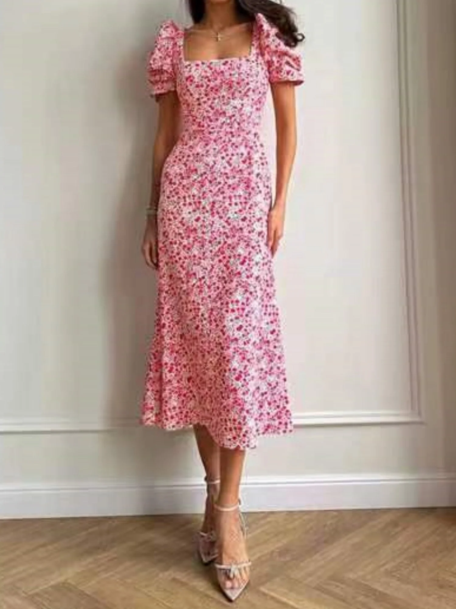 Floral Print Square Neckline And Puff Sleeves Maxi Dresses - Image 3