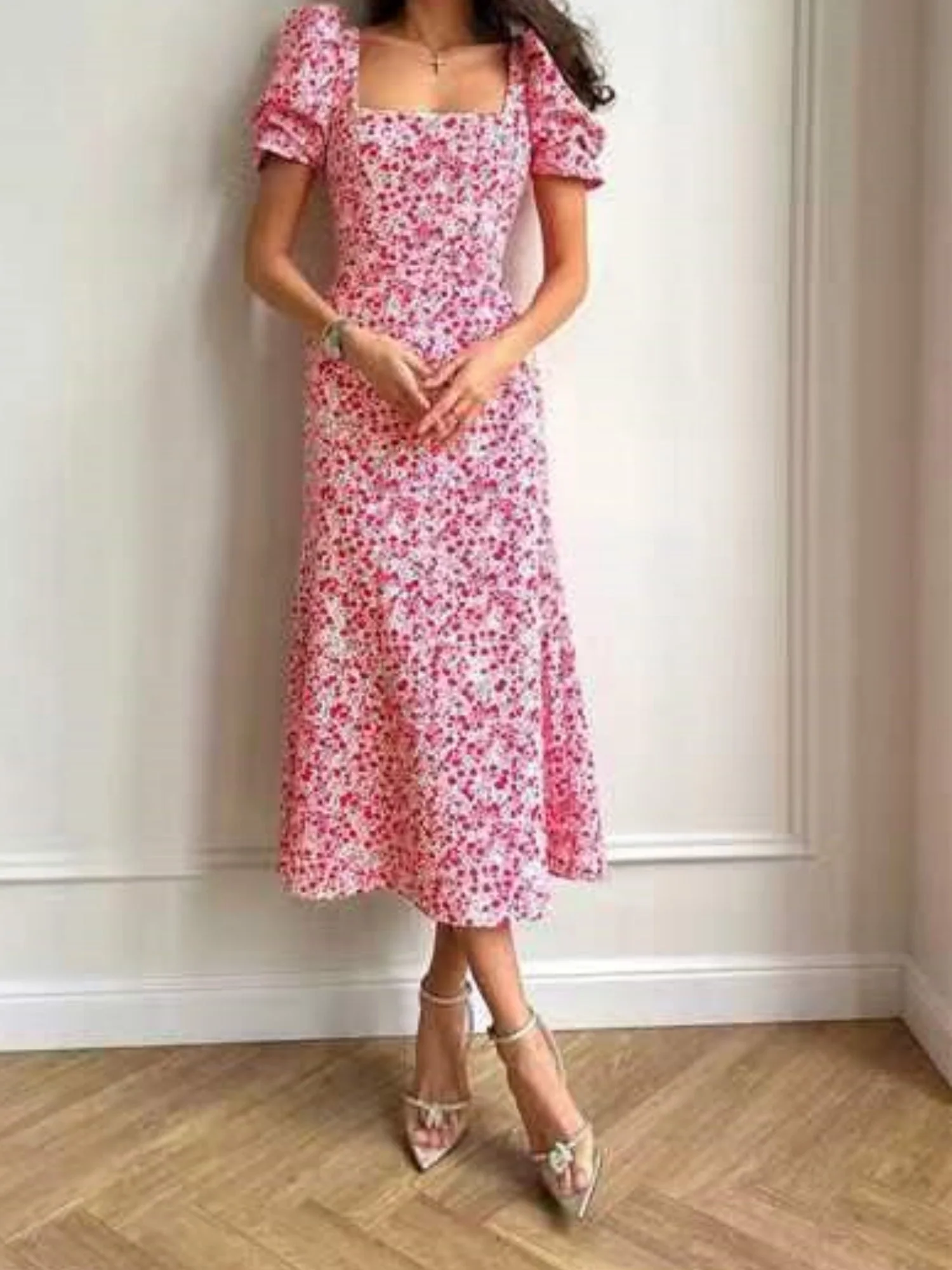 Floral Print Square Neckline And Puff Sleeves Maxi Dresses - Image 4