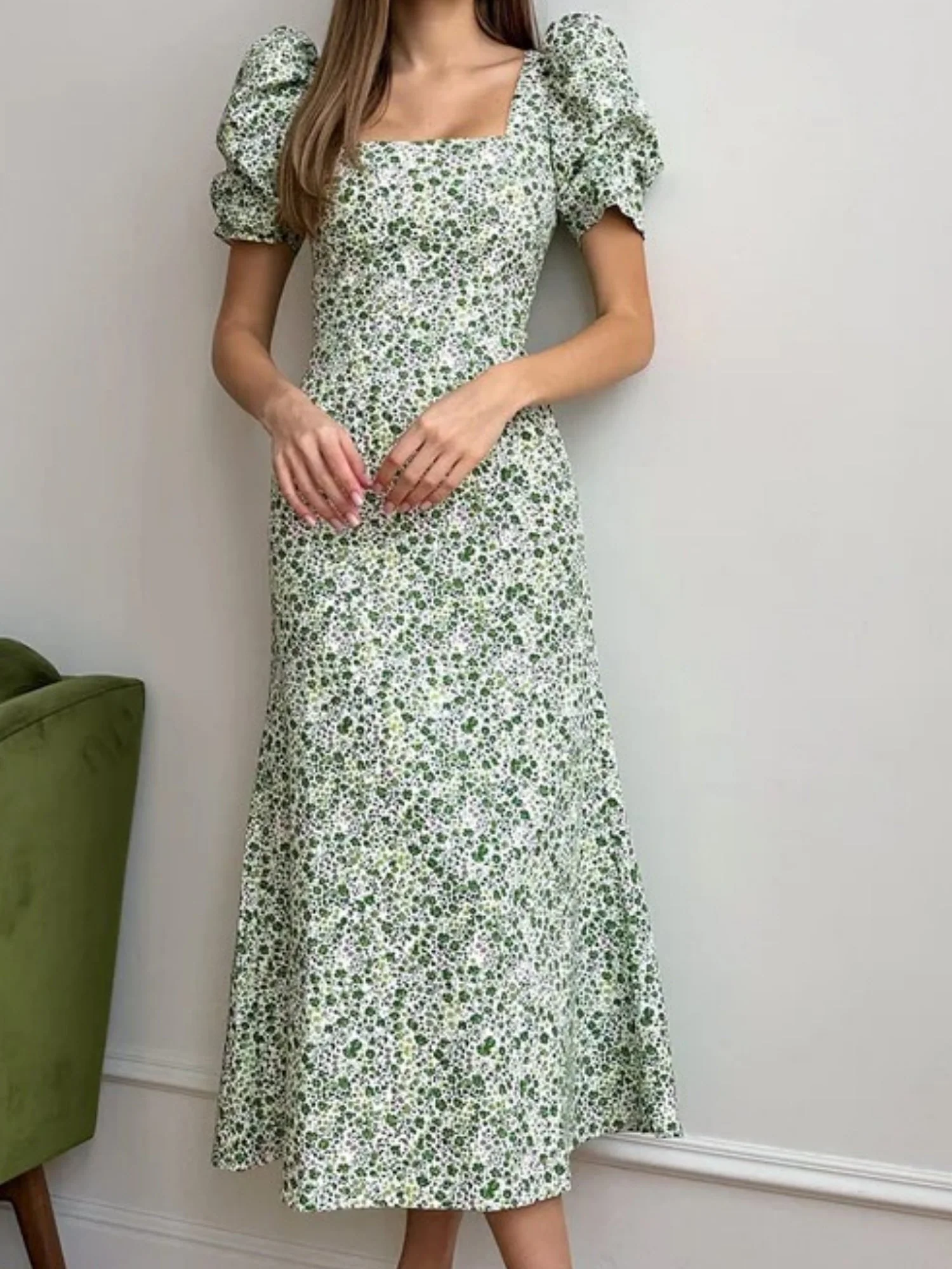 Floral Print Square Neckline And Puff Sleeves Maxi Dresses - Image 5