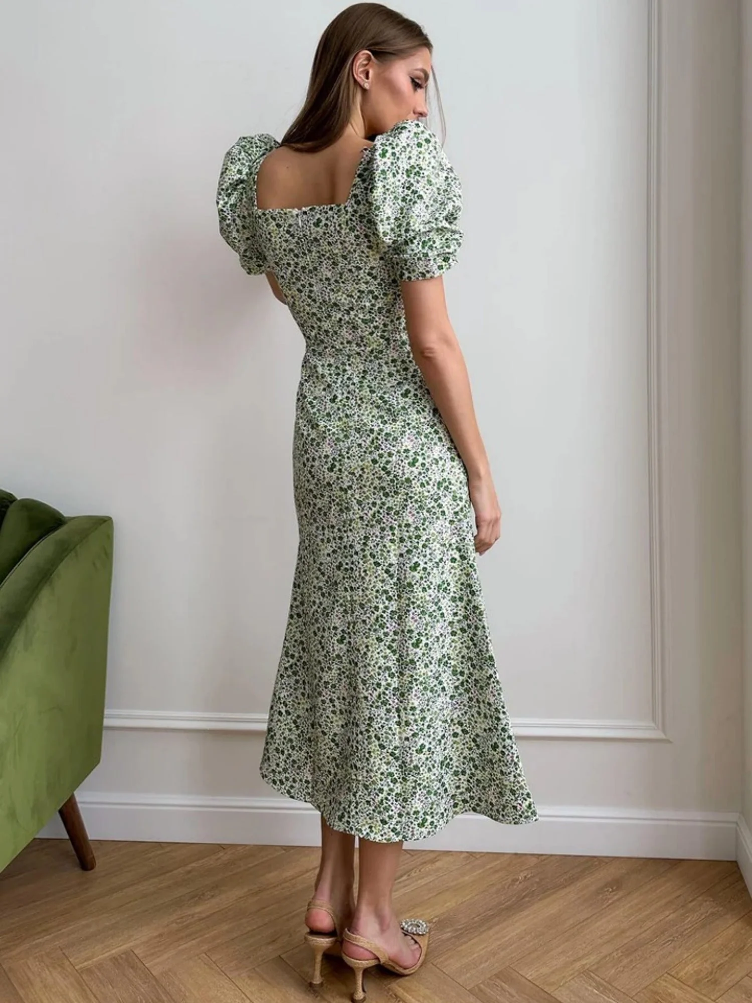 Floral Print Square Neckline And Puff Sleeves Maxi Dresses - Image 6