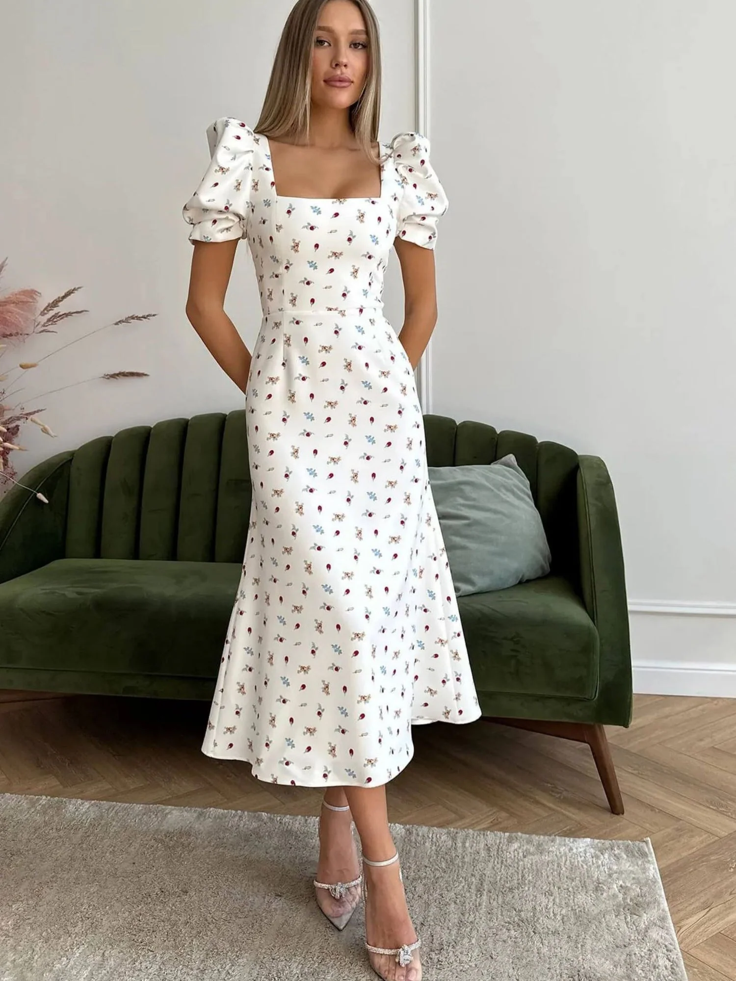 Floral Print Square Neckline And Puff Sleeves Maxi Dresses - Image 7