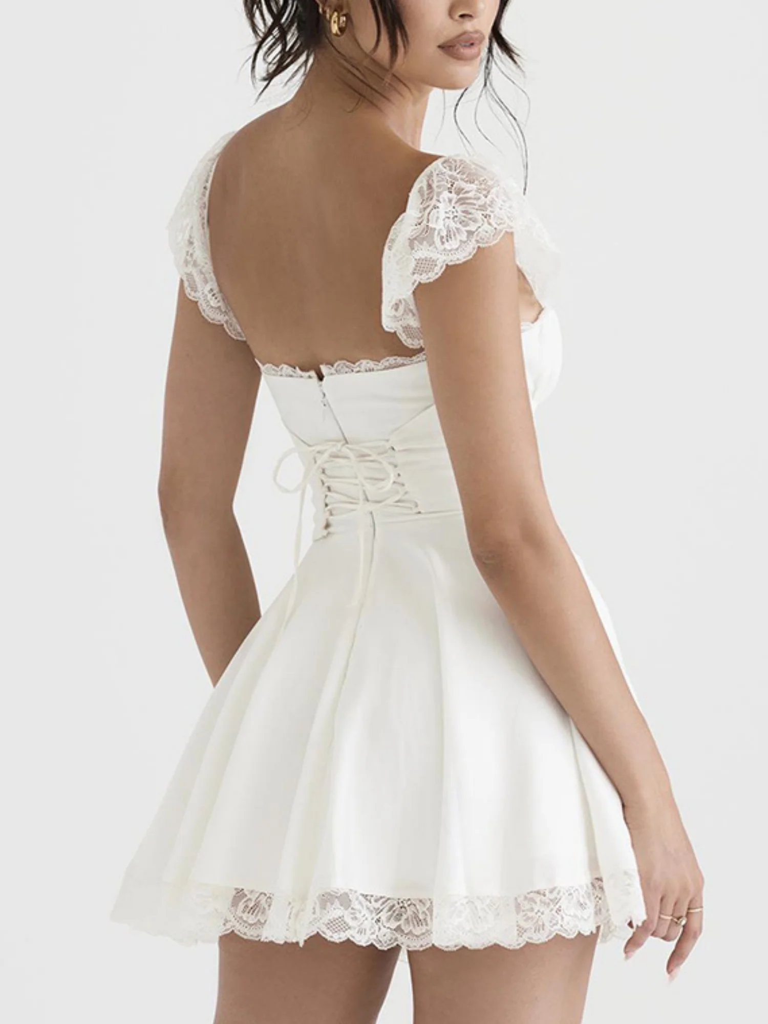 Lace Trim Square Neck Suspenders Slim-fit Backless Sweet Mini&Short Dresses - Image 2