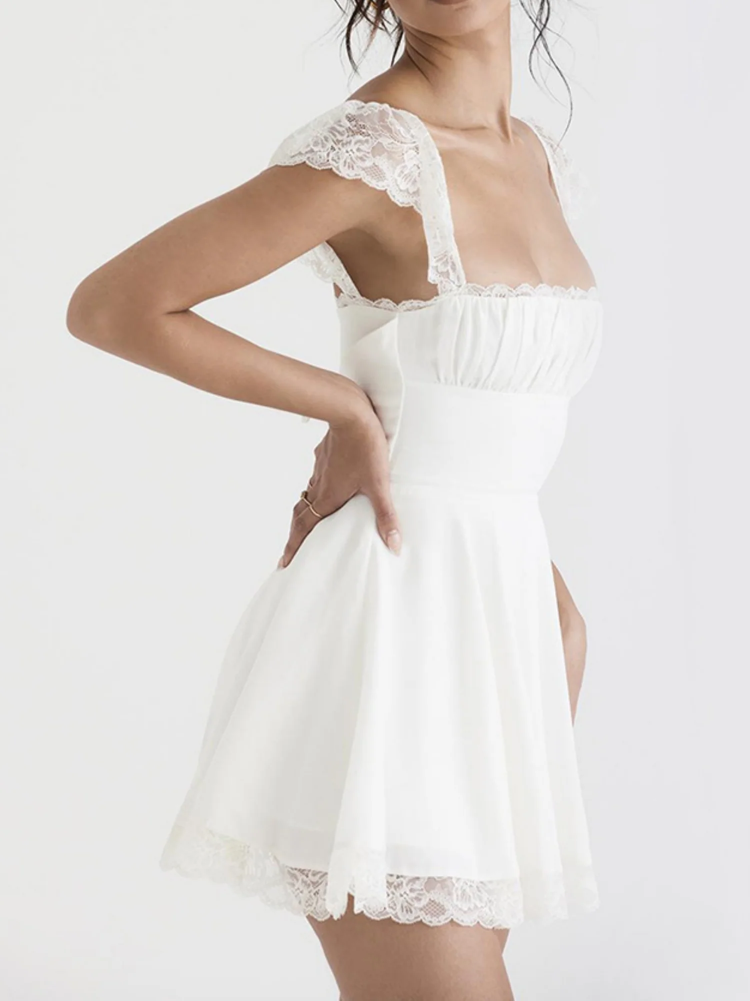Lace Trim Square Neck Suspenders Slim-fit Backless Sweet Mini&Short Dresses - Image 3