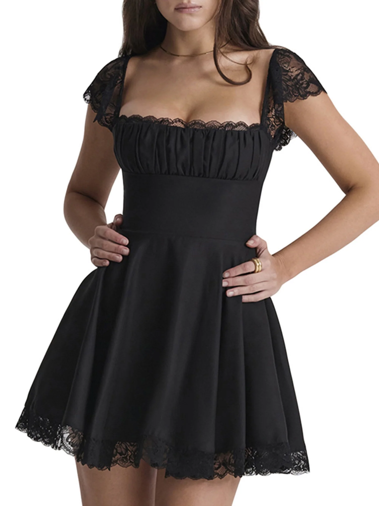 Lace Trim Square Neck Suspenders Slim-fit Backless Sweet Mini&Short Dresses - Image 4