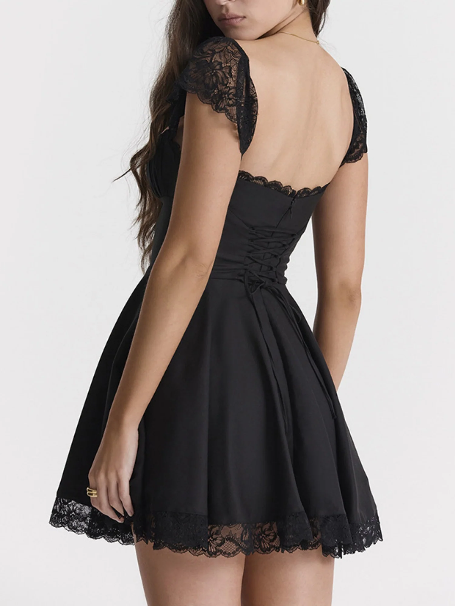 Lace Trim Square Neck Suspenders Slim-fit Backless Sweet Mini&Short Dresses - Image 5