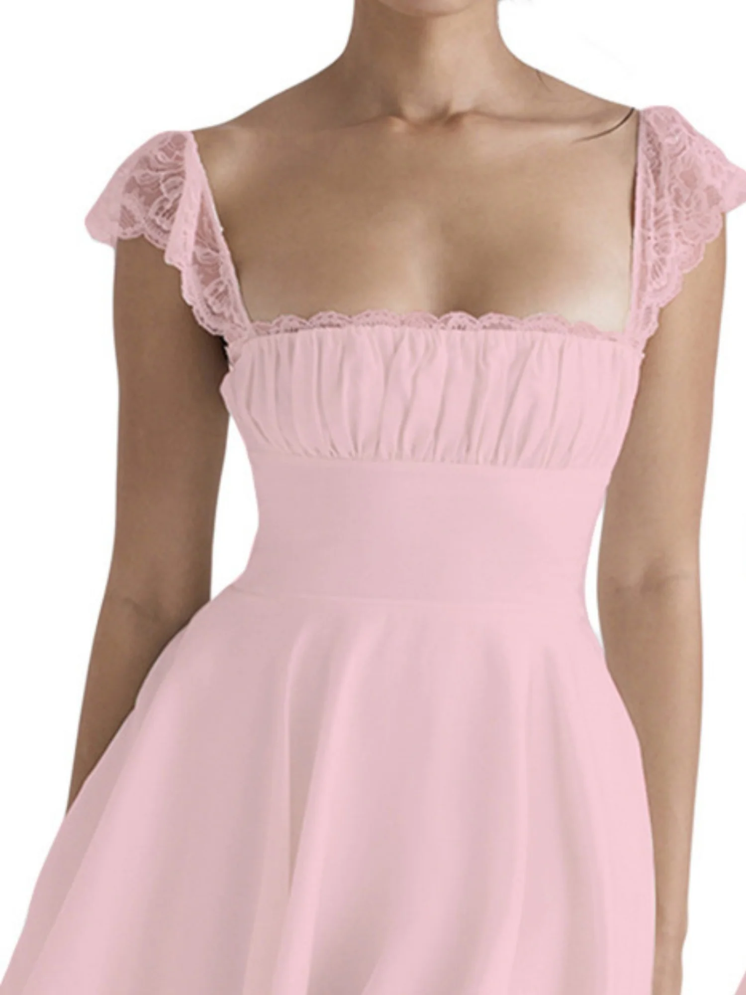 Lace Trim Square Neck Suspenders Slim-fit Backless Sweet Mini&Short Dresses - Image 8