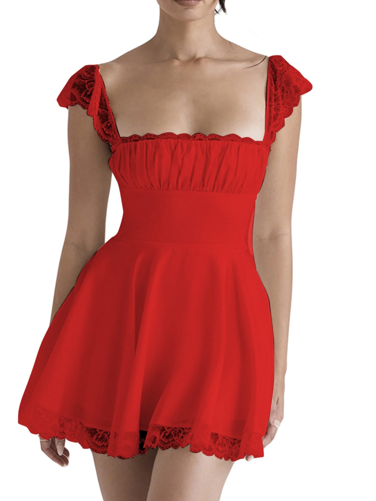 Lace Trim Square Neck Suspenders Slim-fit Backless Sweet Mini&Short Dresses - Image 9