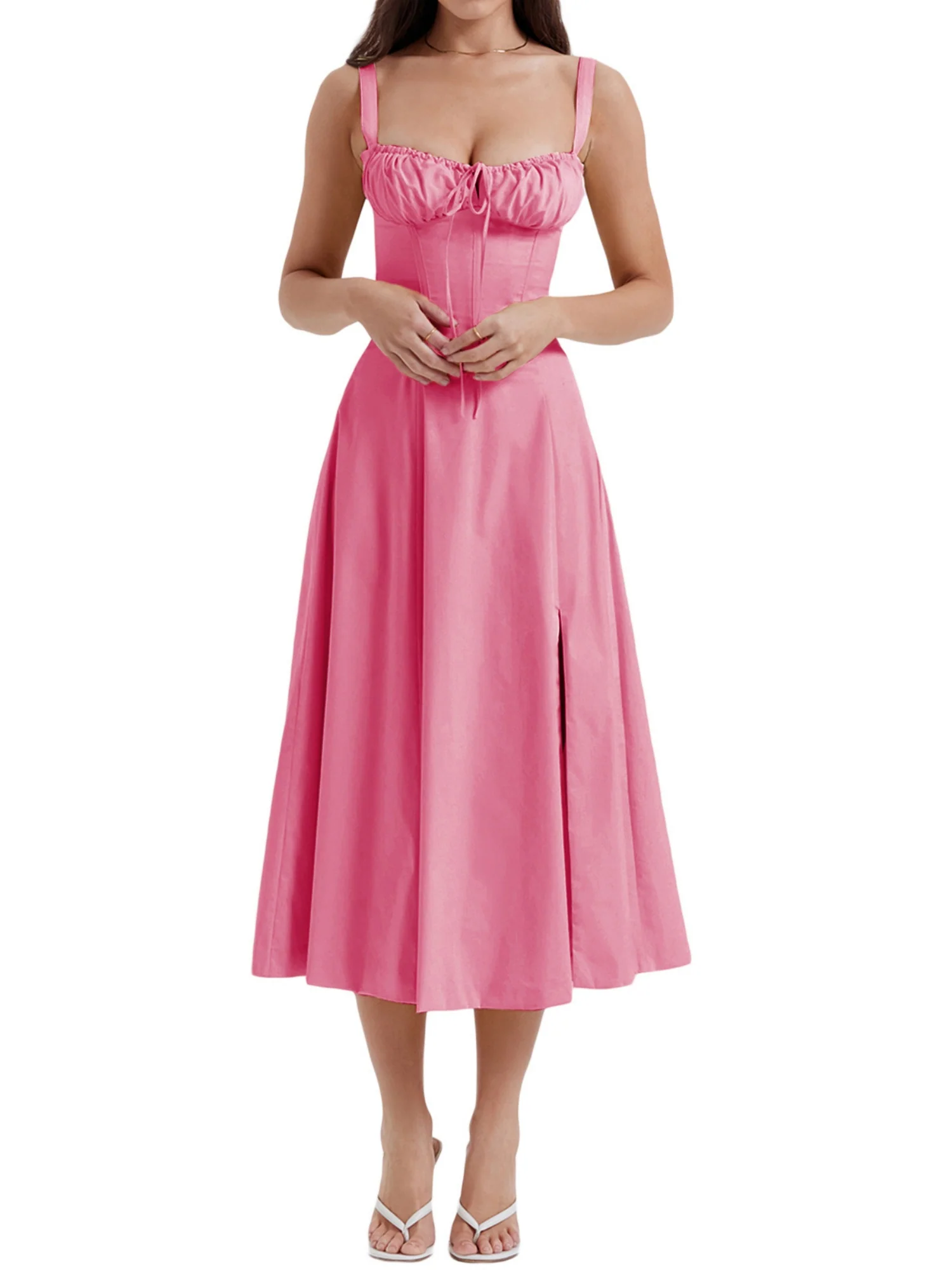 Waist Cinching With Straps A-line Skirt Split Suspenders Sweet Maxi Dresses - Image 5