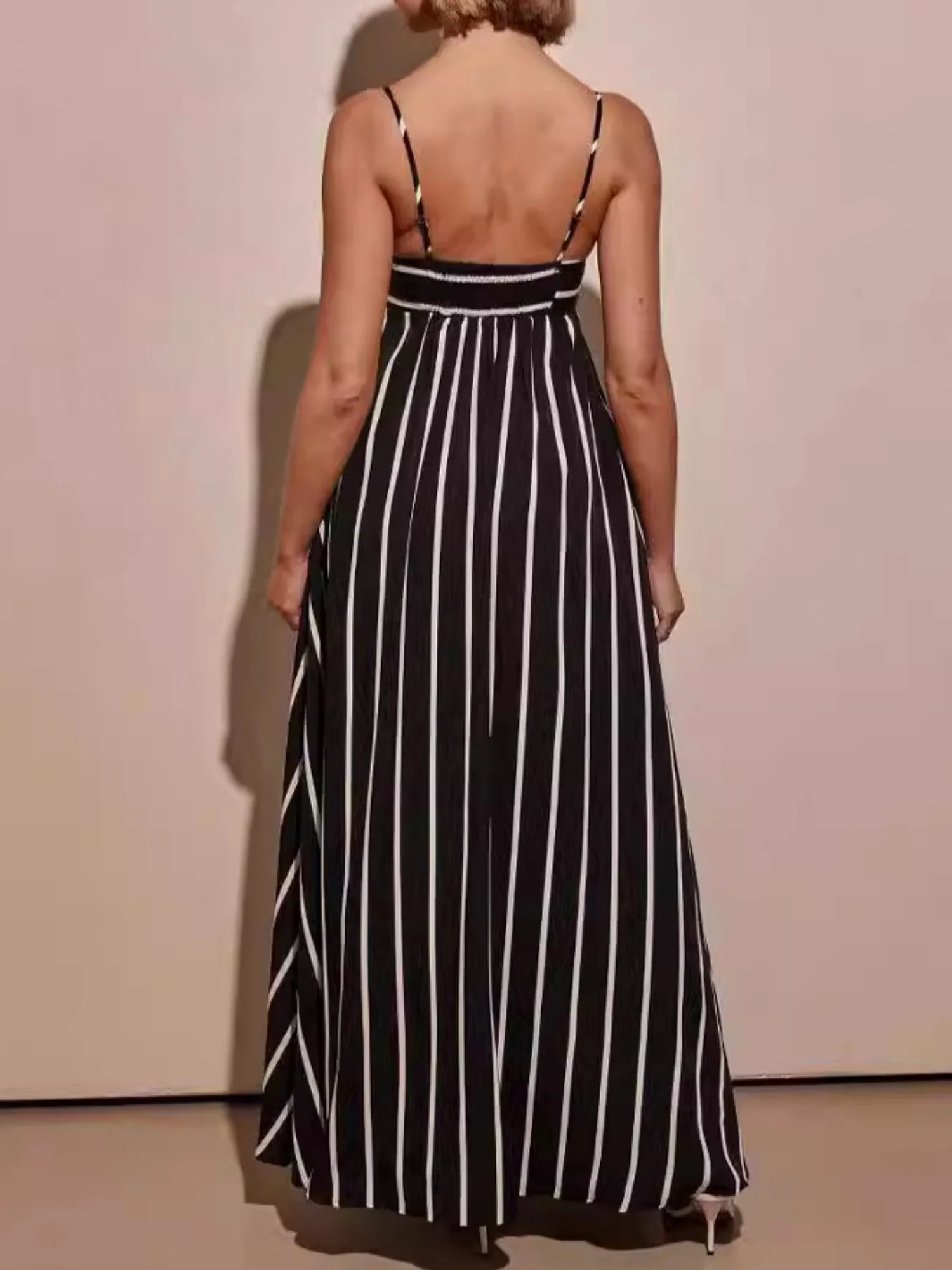 Striped Color Blocking Spaghetti Strap Backless Large Skirt Pockets Maxi Dresses - Image 2