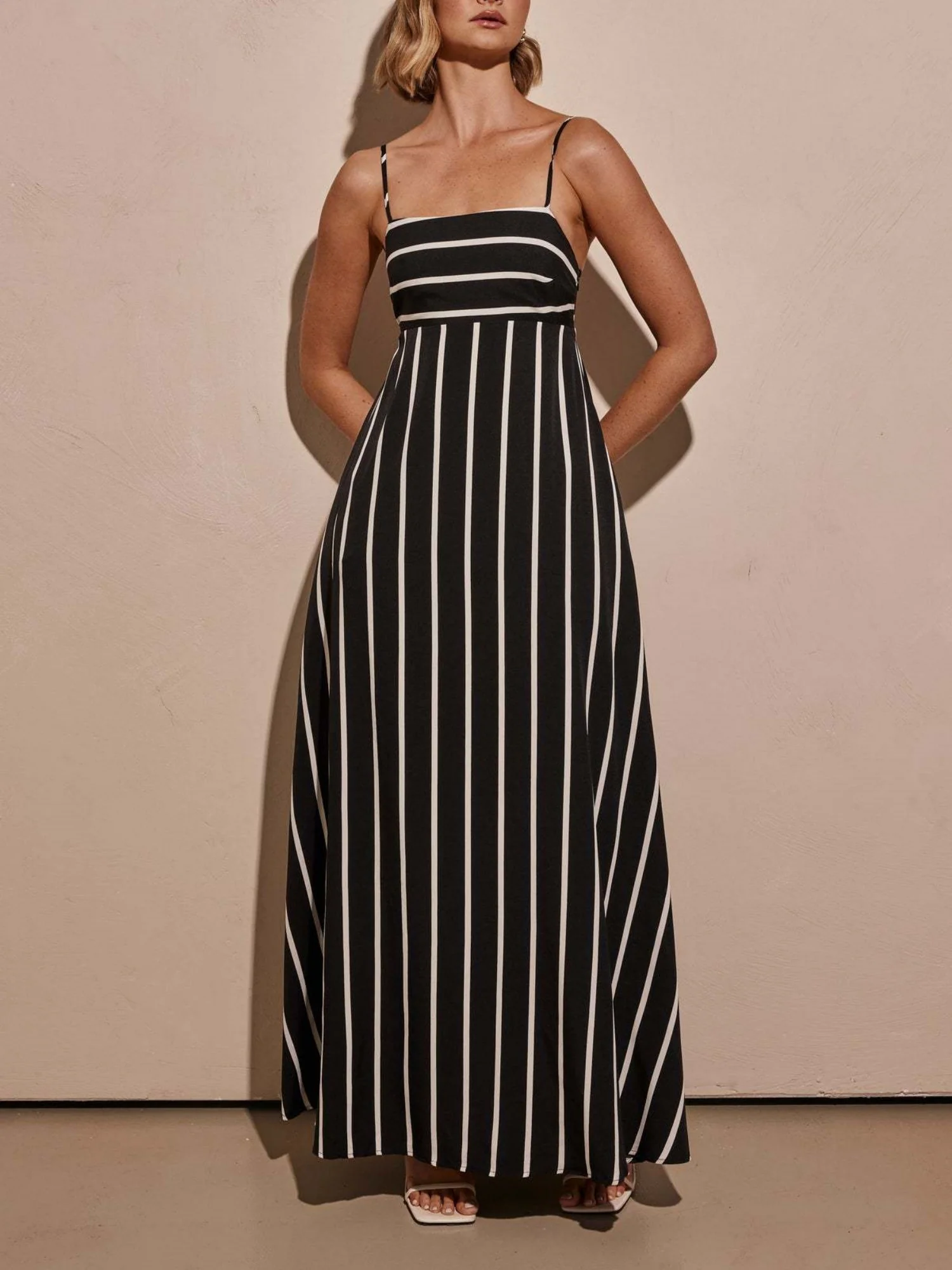 Striped Color Blocking Spaghetti Strap Backless Large Skirt Pockets Maxi Dresses - Image 3