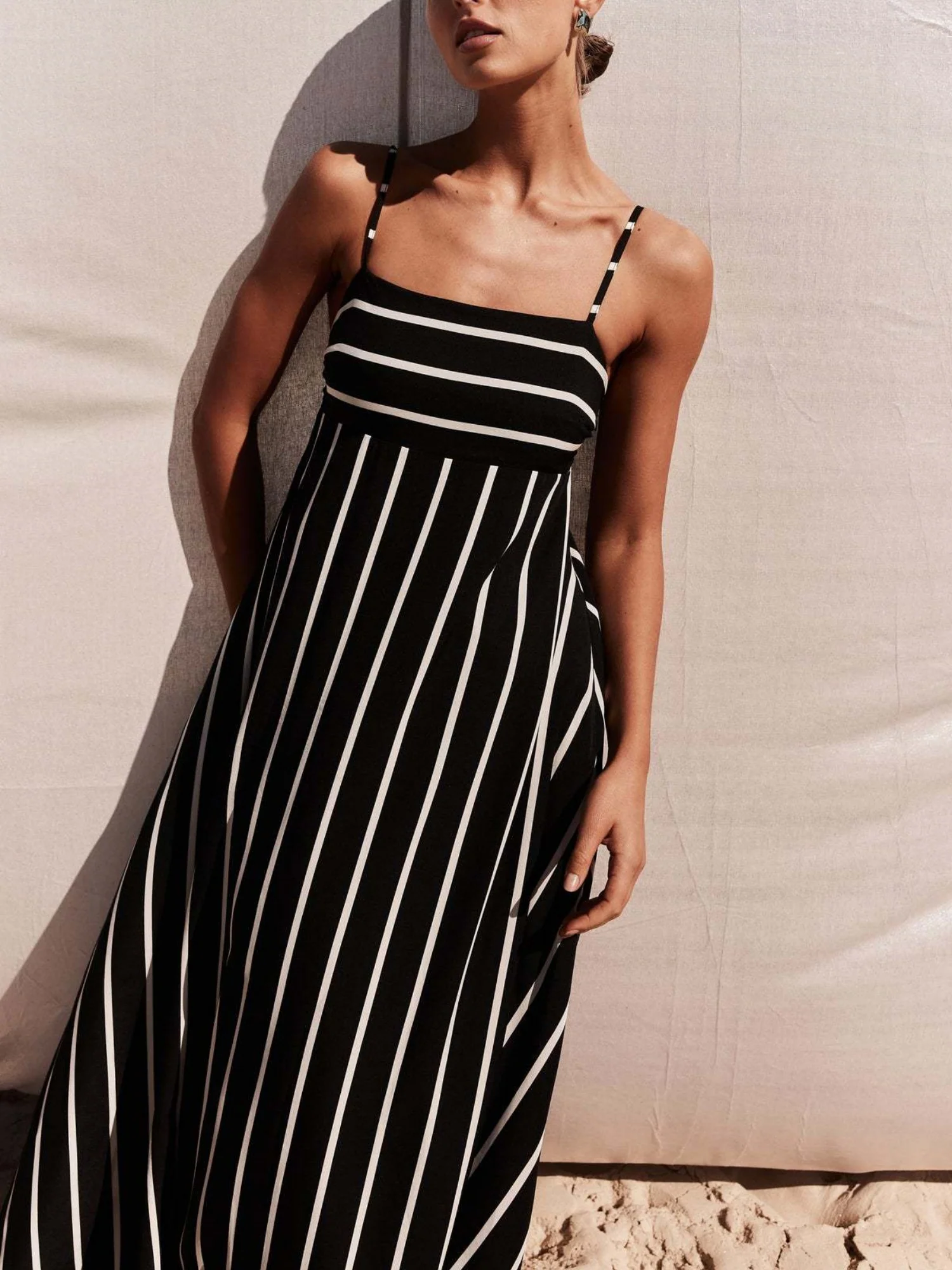 Striped Color Blocking Spaghetti Strap Backless Large Skirt Pockets Maxi Dresses - Image 4