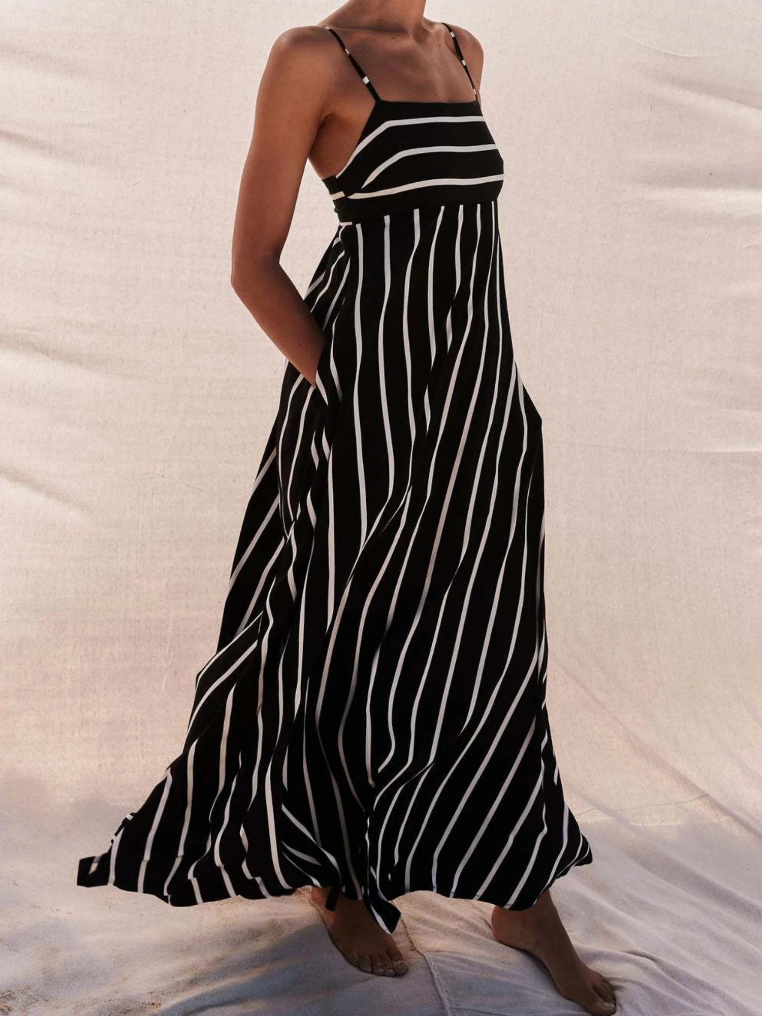 Striped Color Blocking Spaghetti Strap Backless Large Skirt Pockets Maxi Dresses - Image 5