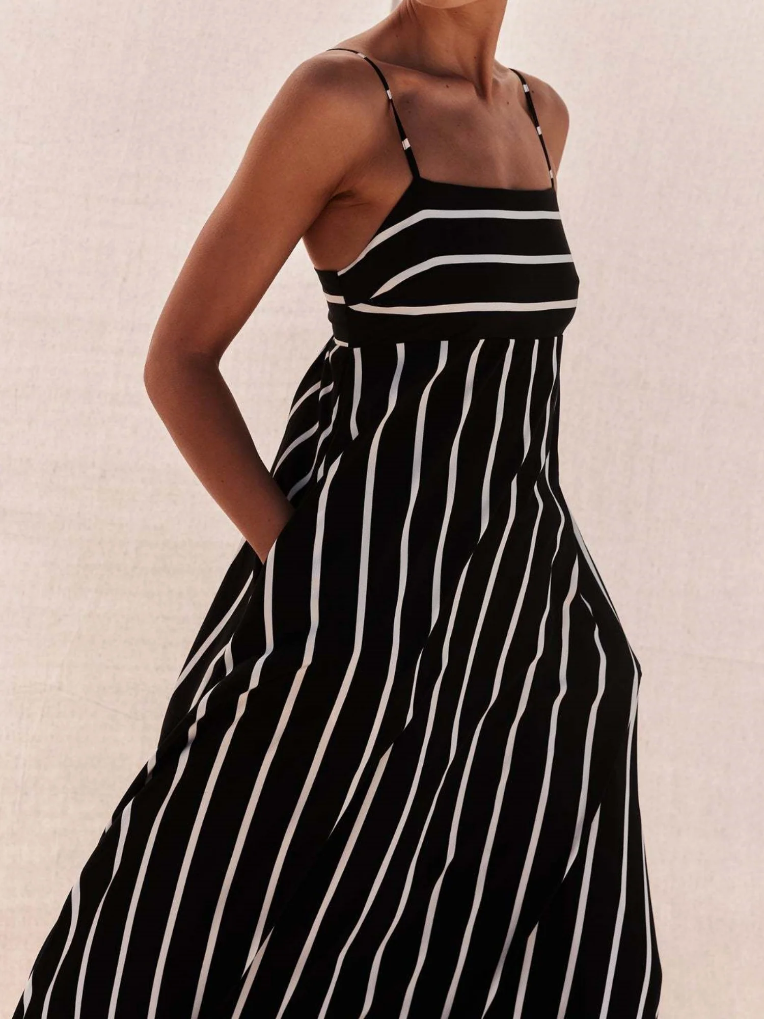 Striped Color Blocking Spaghetti Strap Backless Large Skirt Pockets Maxi Dresses - Image 6