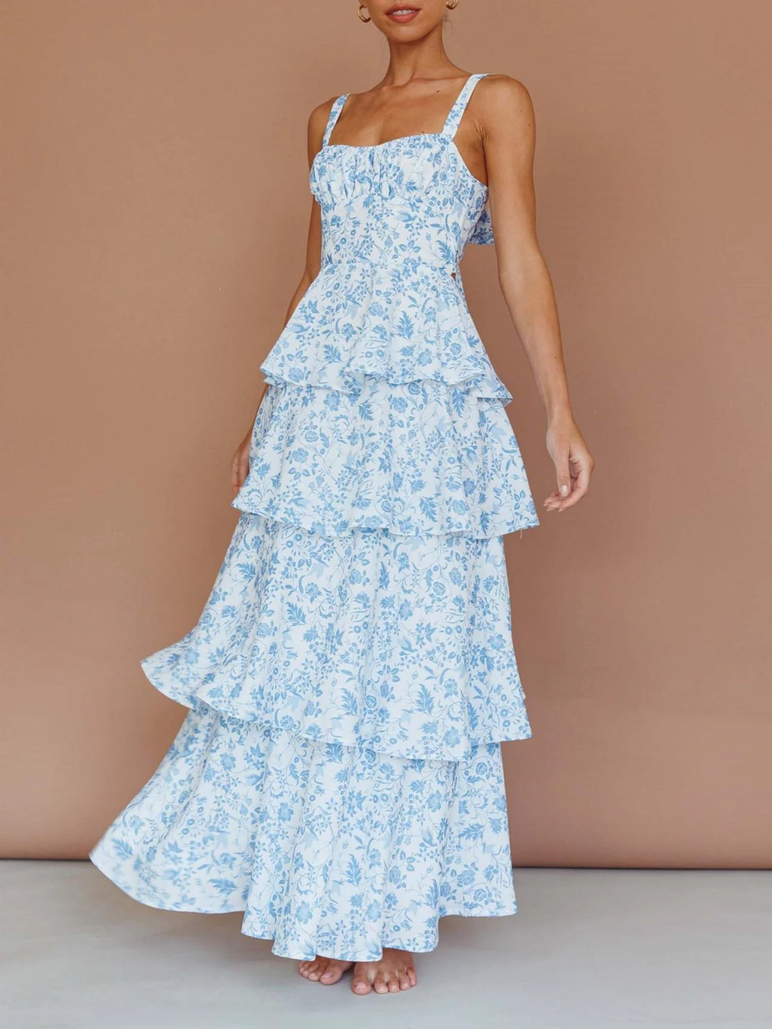 Floral Print Pleats On Suspenders Maxi Dresses - Image 11