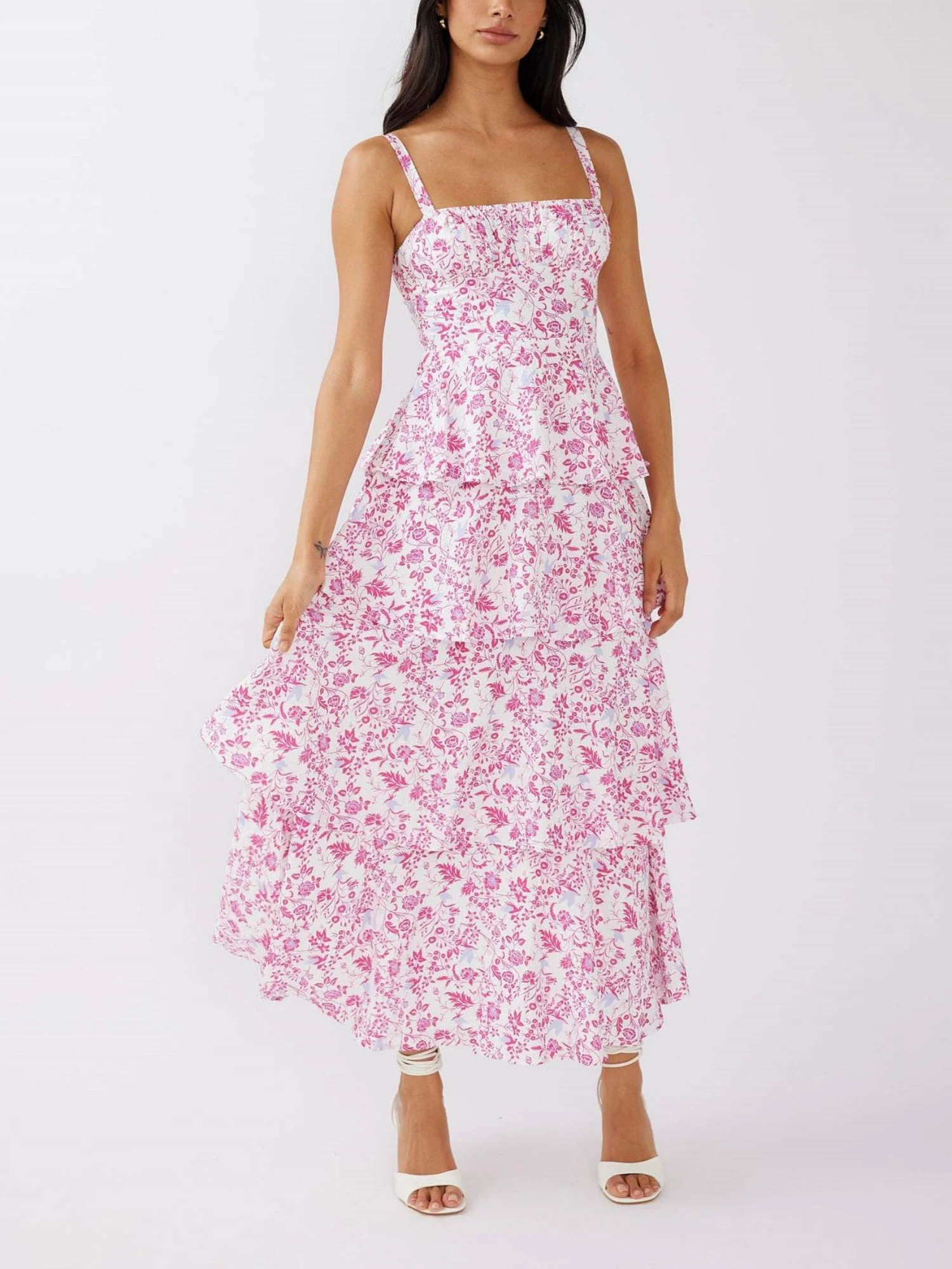 Floral Print Pleats On Suspenders Maxi Dresses - Image 3