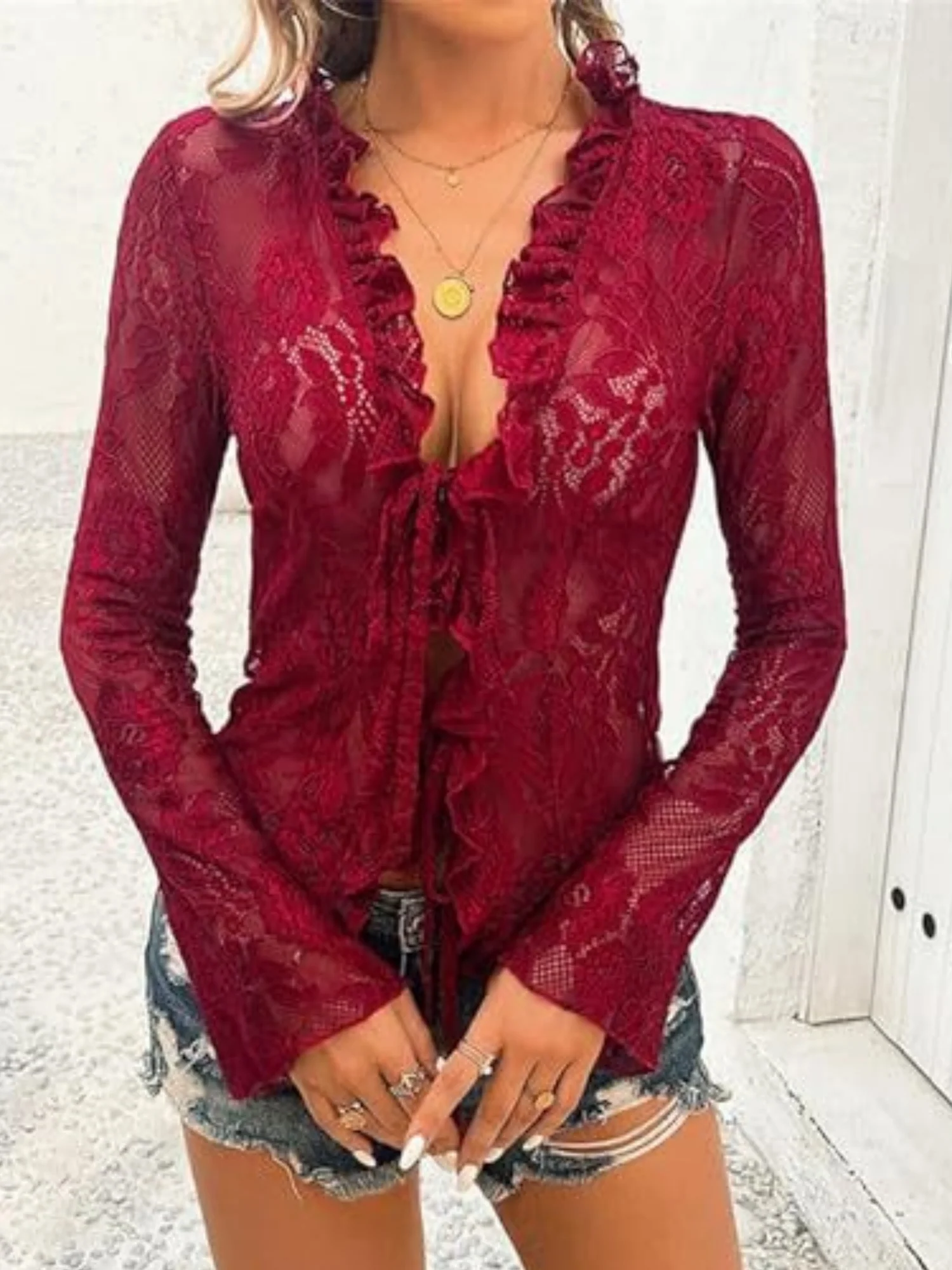 Lace See-through Ruffle Open Front With Tie Sweet T-shirts - Image 11