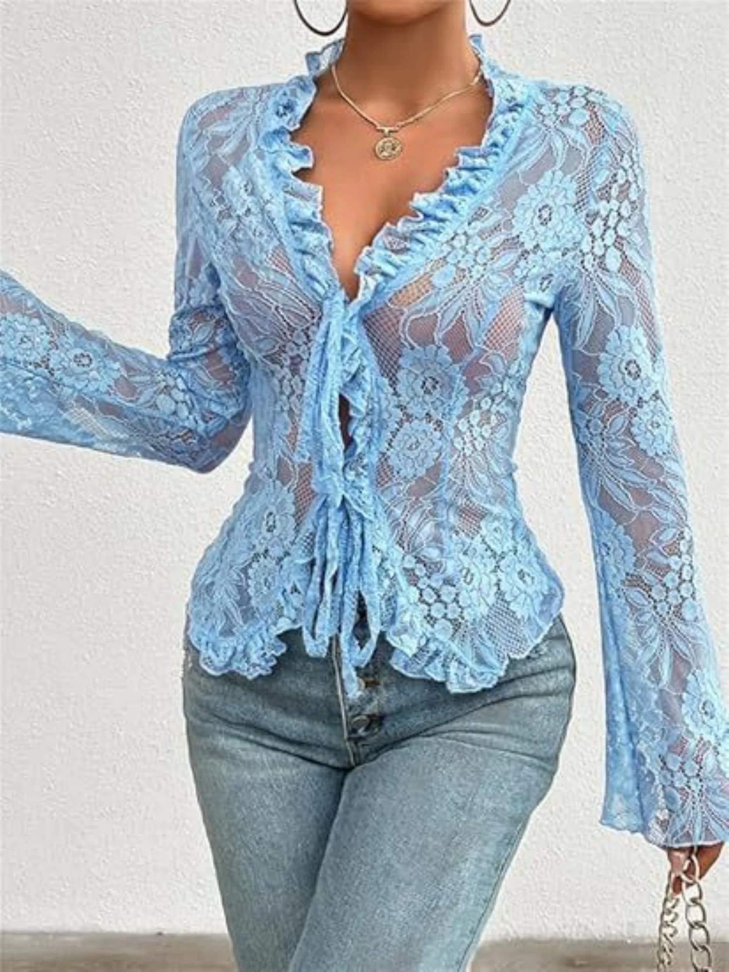 Lace See-through Ruffle Open Front With Tie Sweet T-shirts - Image 14