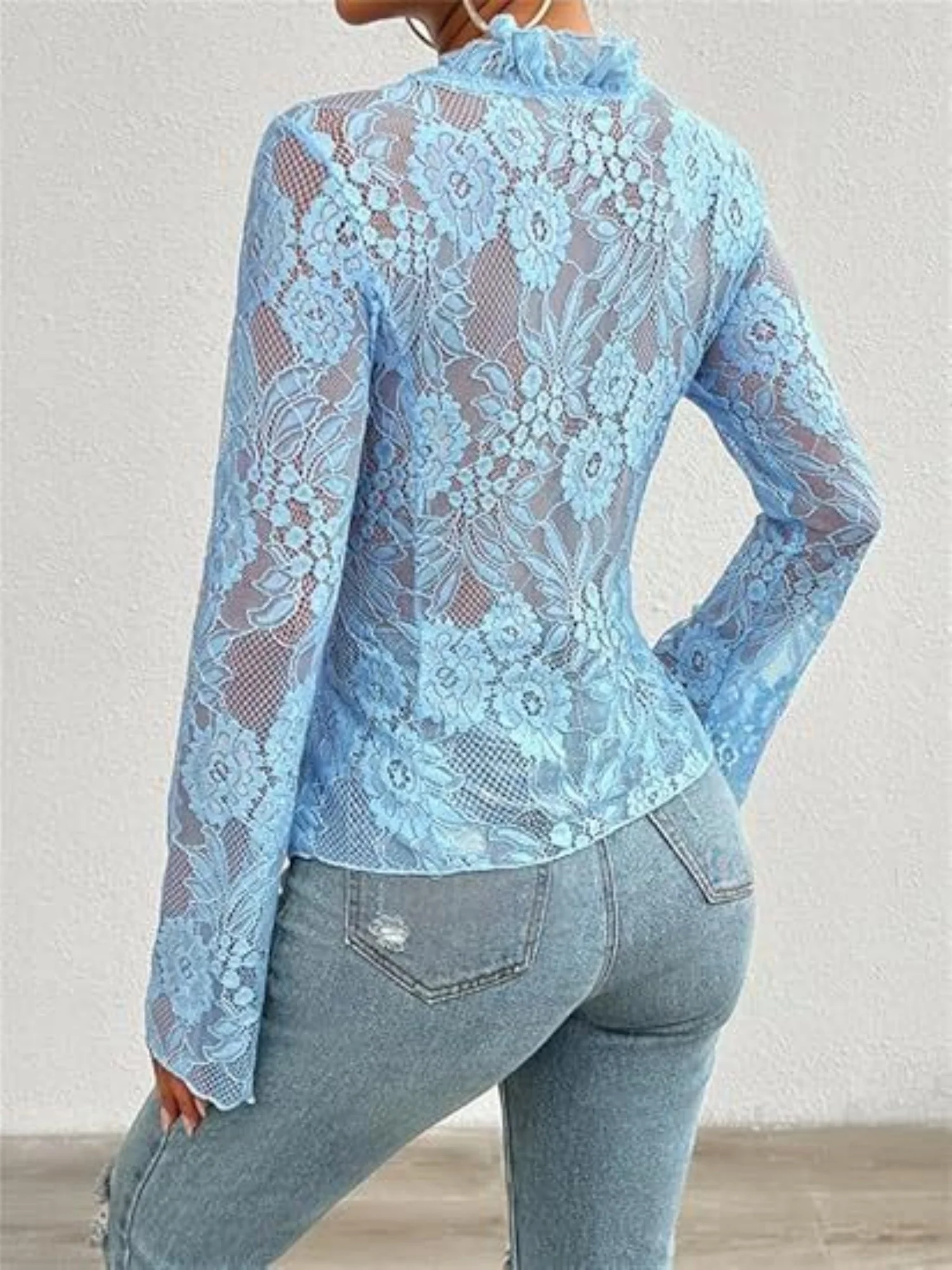 Lace See-through Ruffle Open Front With Tie Sweet T-shirts - Image 15