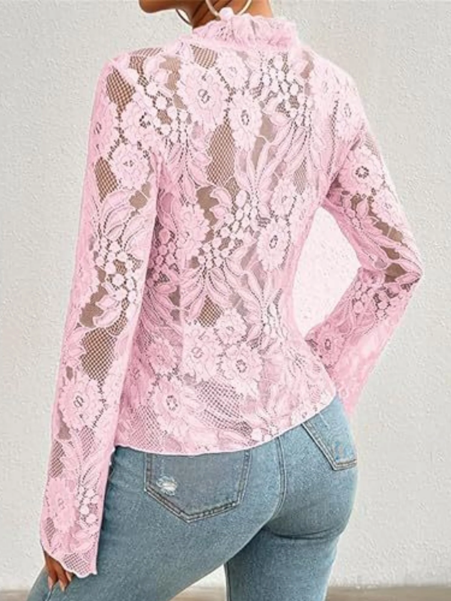 Lace See-through Ruffle Open Front With Tie Sweet T-shirts - Image 2