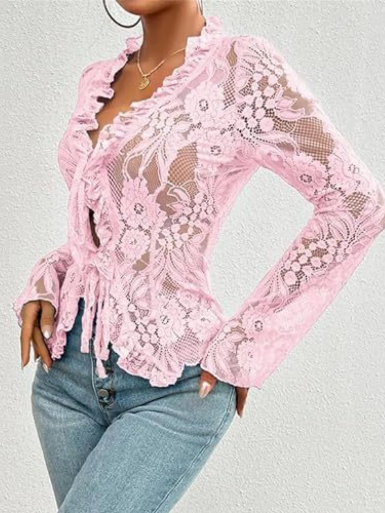 Lace See-through Ruffle Open Front With Tie Sweet T-shirts - Image 3