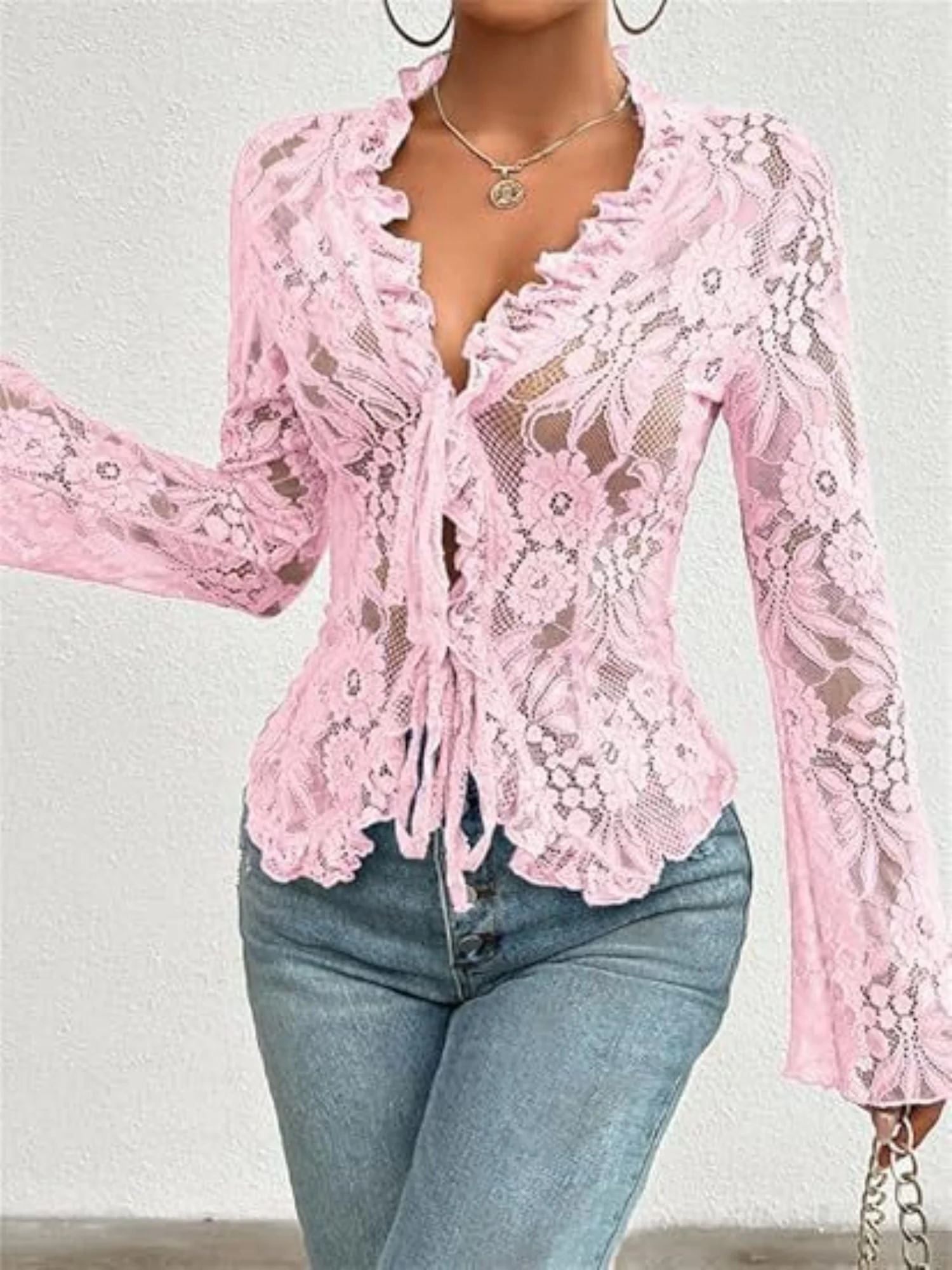 Lace See-through Ruffle Open Front With Tie Sweet T-shirts - Image 4