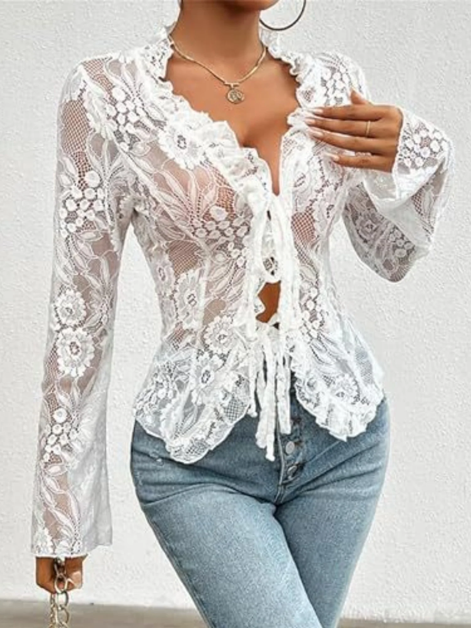 Lace See-through Ruffle Open Front With Tie Sweet T-shirts - Image 5
