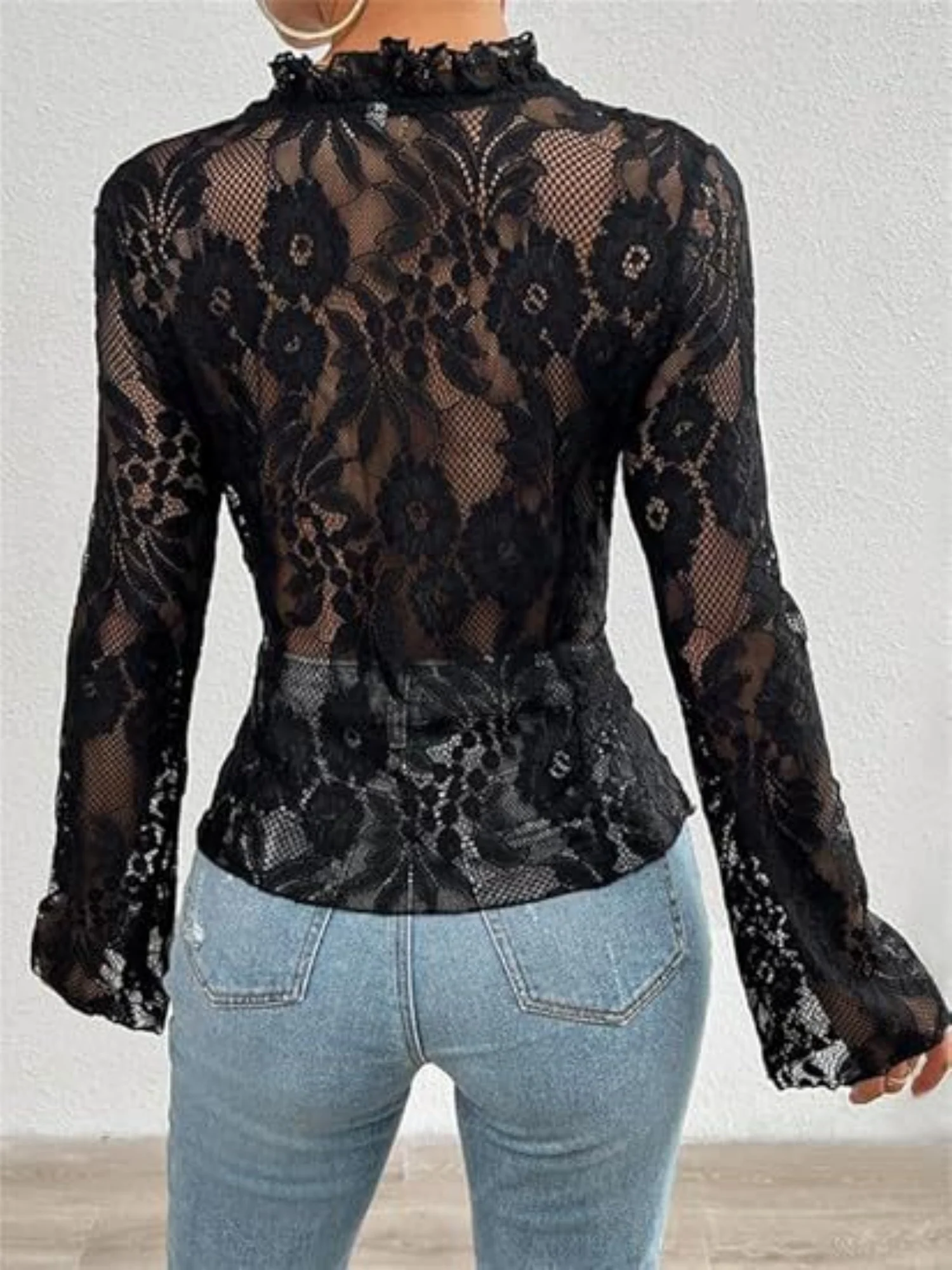 Lace See-through Ruffle Open Front With Tie Sweet T-shirts - Image 9