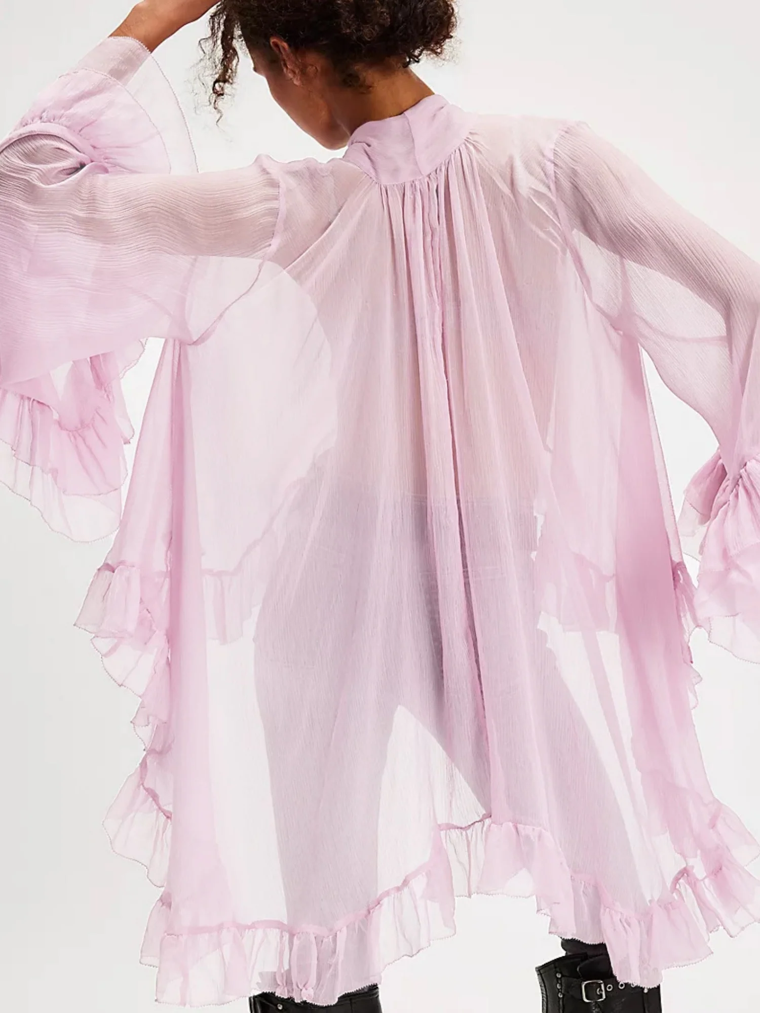 Ruffle Straps Flare Sleeve See-through Cover-up - Image 2