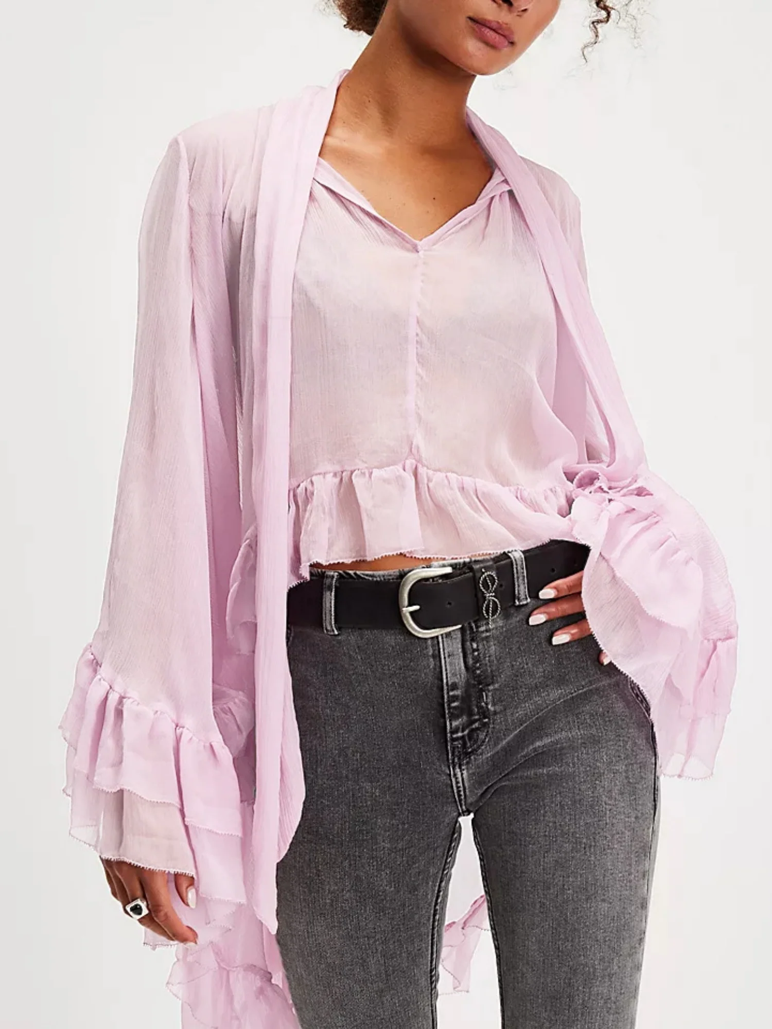 Ruffle Straps Flare Sleeve See-through Cover-up - Image 3