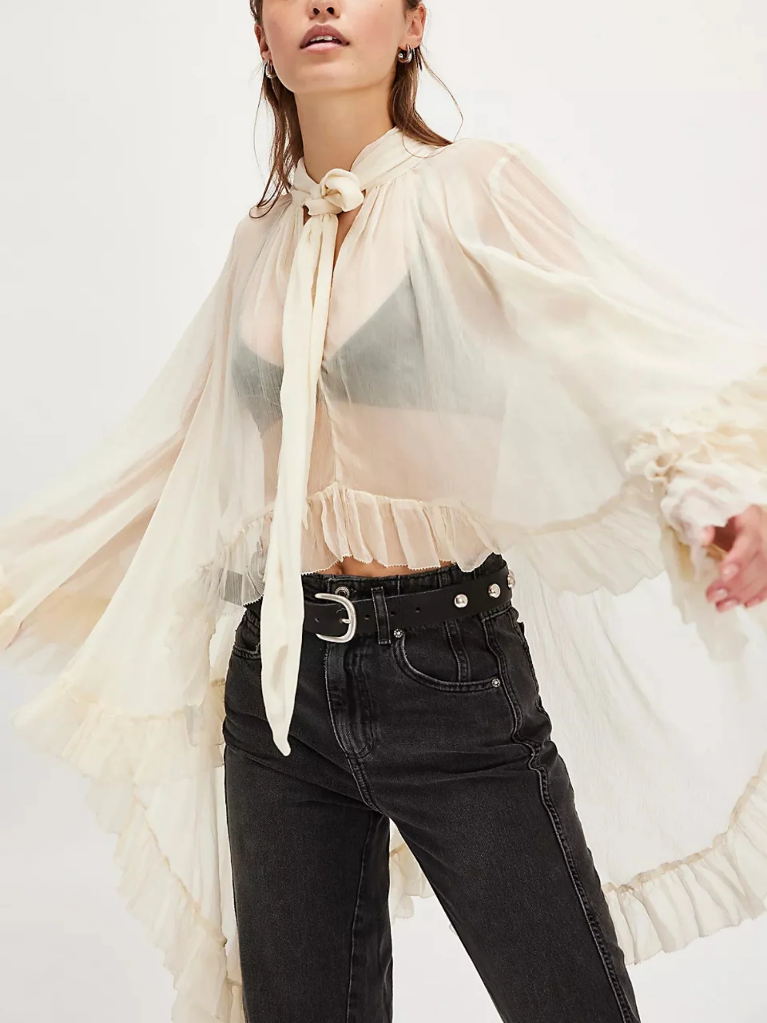 Ruffle Straps Flare Sleeve See-through Cover-up - Image 4