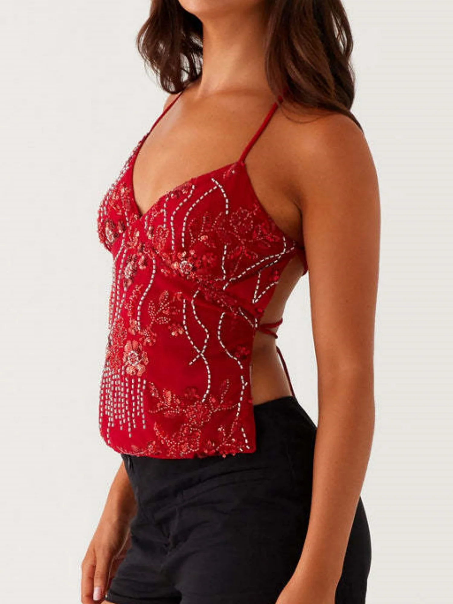 Embroidered Sequins Color Matching Strappy Backless Sweet Tank Tops&Camis - Image 10