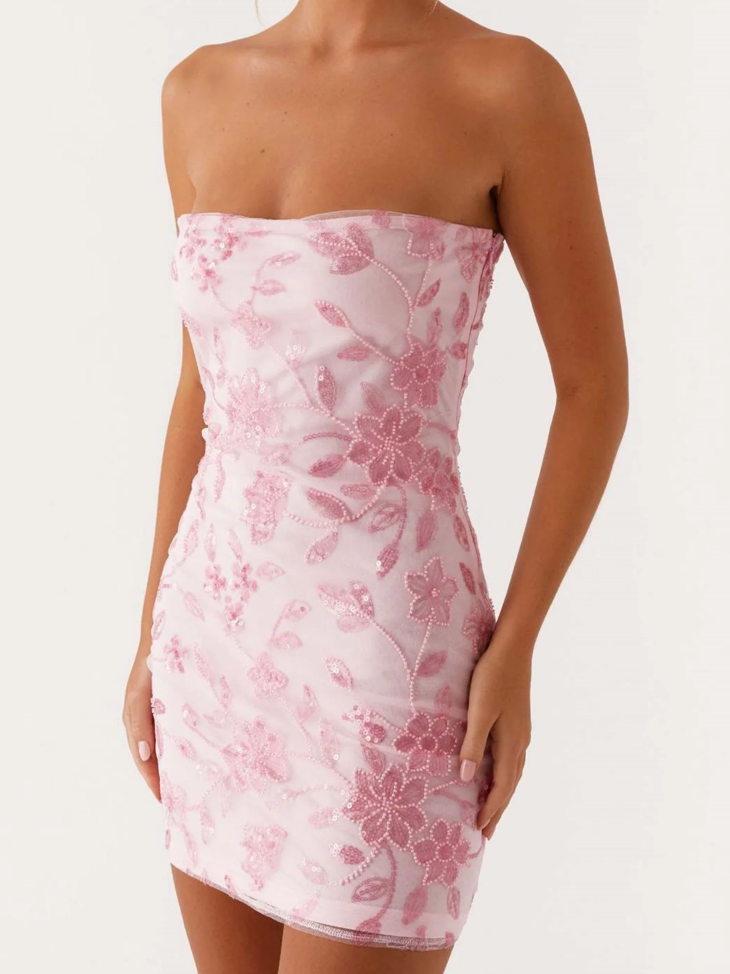 Sequin Beads Strapless Backless Tie-up Sweet Mini&Short Dresses - Image 3