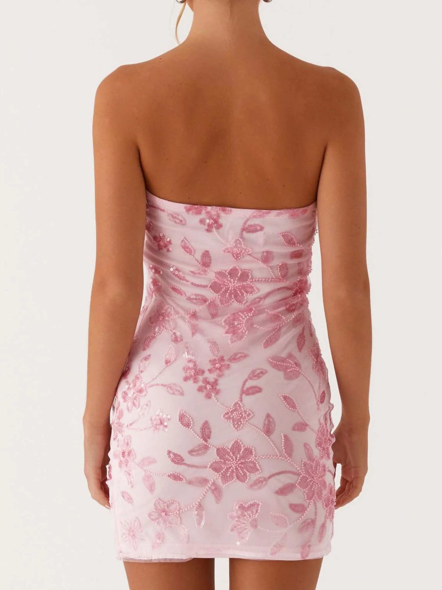 Sequin Beads Strapless Backless Tie-up Sweet Mini&Short Dresses - Image 4