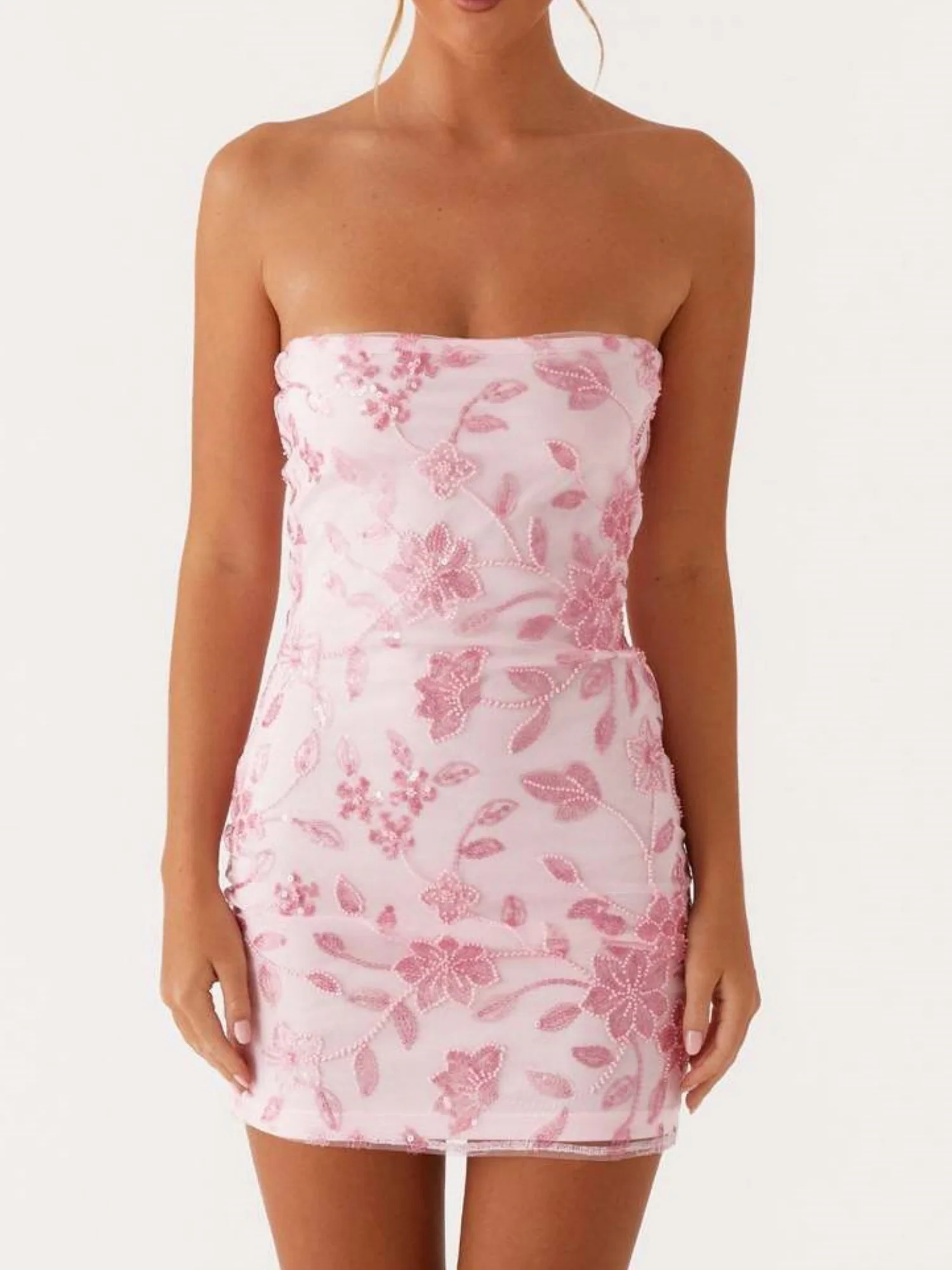 Sequin Beads Strapless Backless Tie-up Sweet Mini&Short Dresses - Image 5