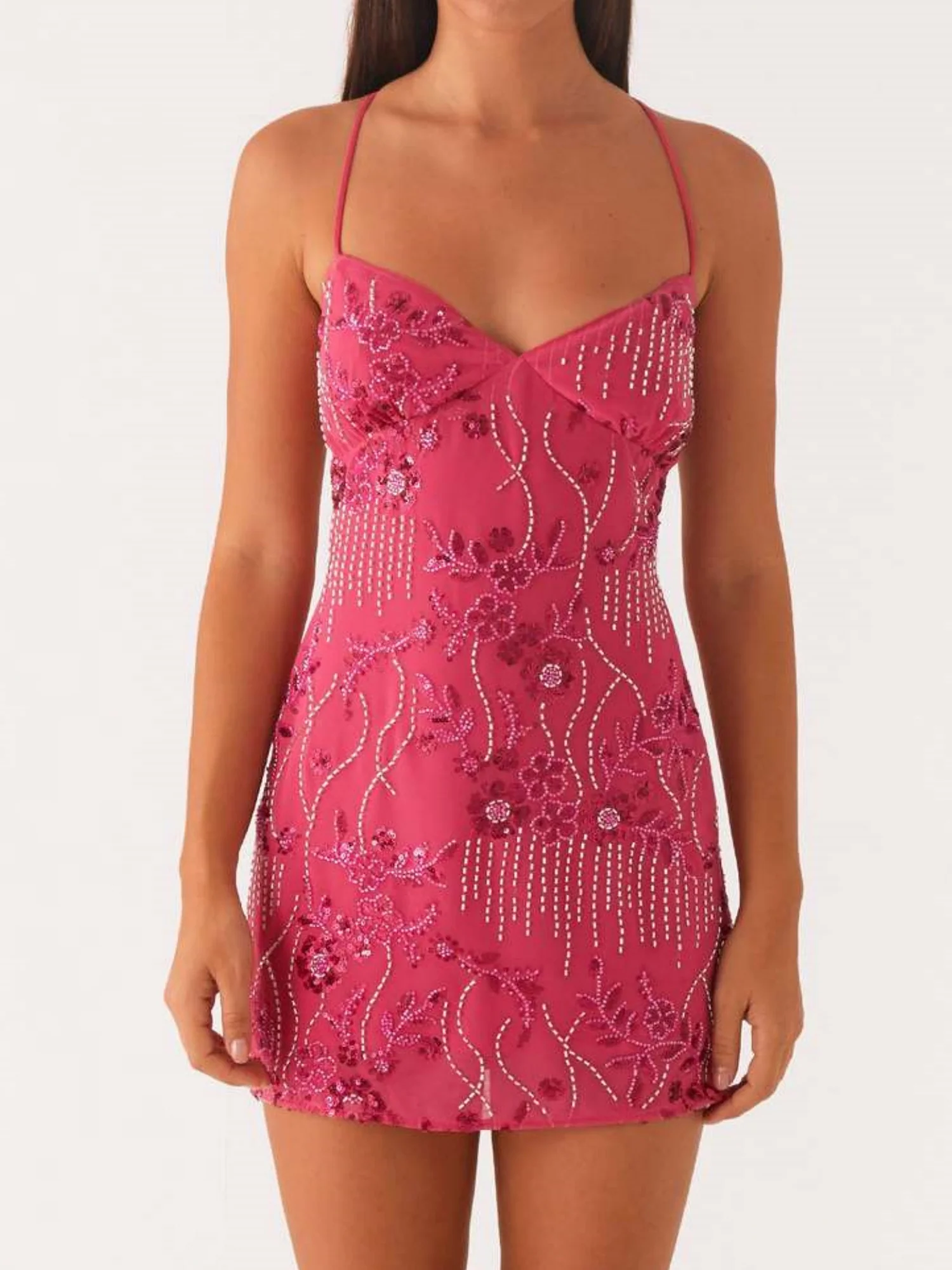 Sequin Beads Spaghetti Strap Backless Tie Sweet Mini&Short Dresses - Image 11