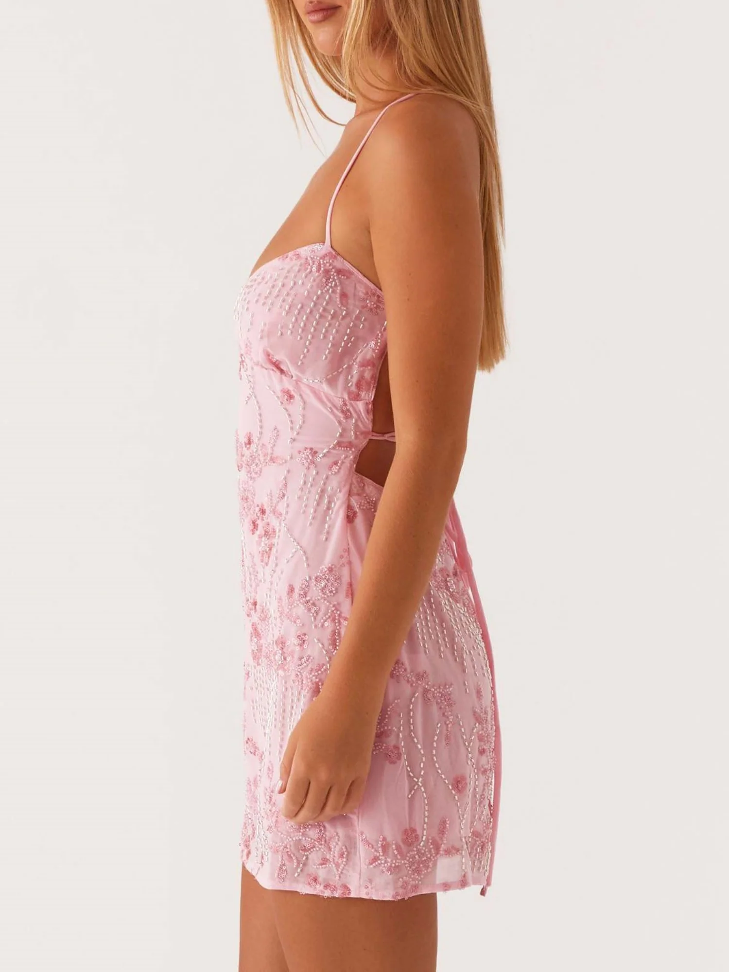 Sequin Beads Spaghetti Strap Backless Tie Sweet Mini&Short Dresses - Image 3